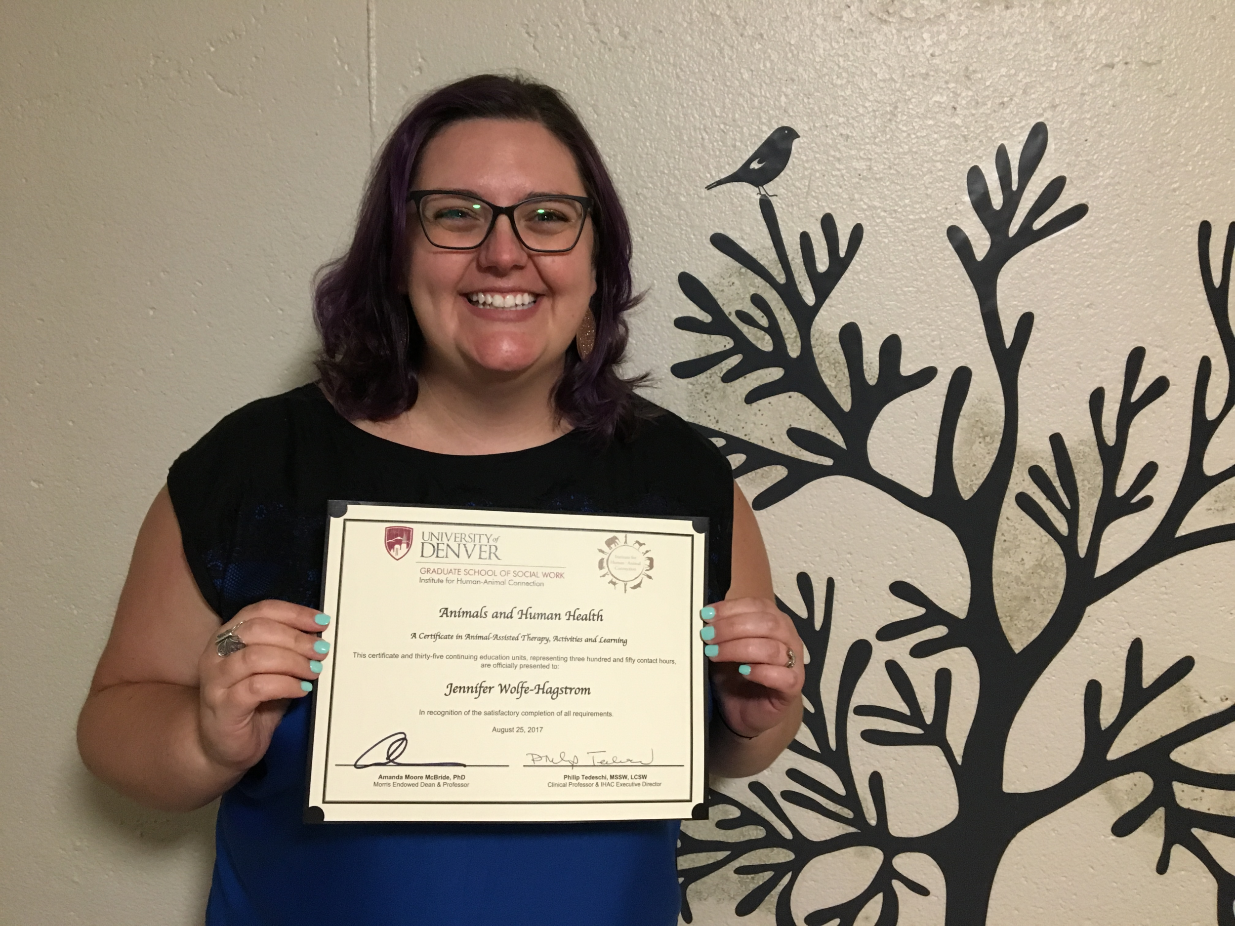 Jennifer earned her certificate in Animals and Human Health from the University of Denver in August 2017