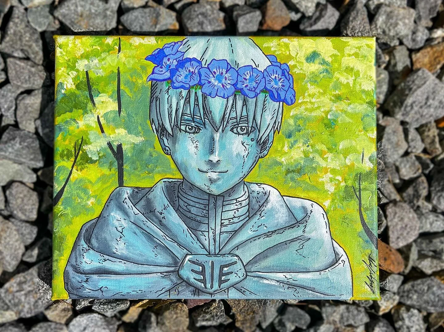 🌸Himmel&rsquo;s Statue🌸
(Commission)
Not a glass painting! But good to know I can still paint on canvas 😂
This was Lowkey hard because of all the texture and the lines, but love how it came out! 

#himmel #frieren #frierenbeyondjourneysend #himmel
