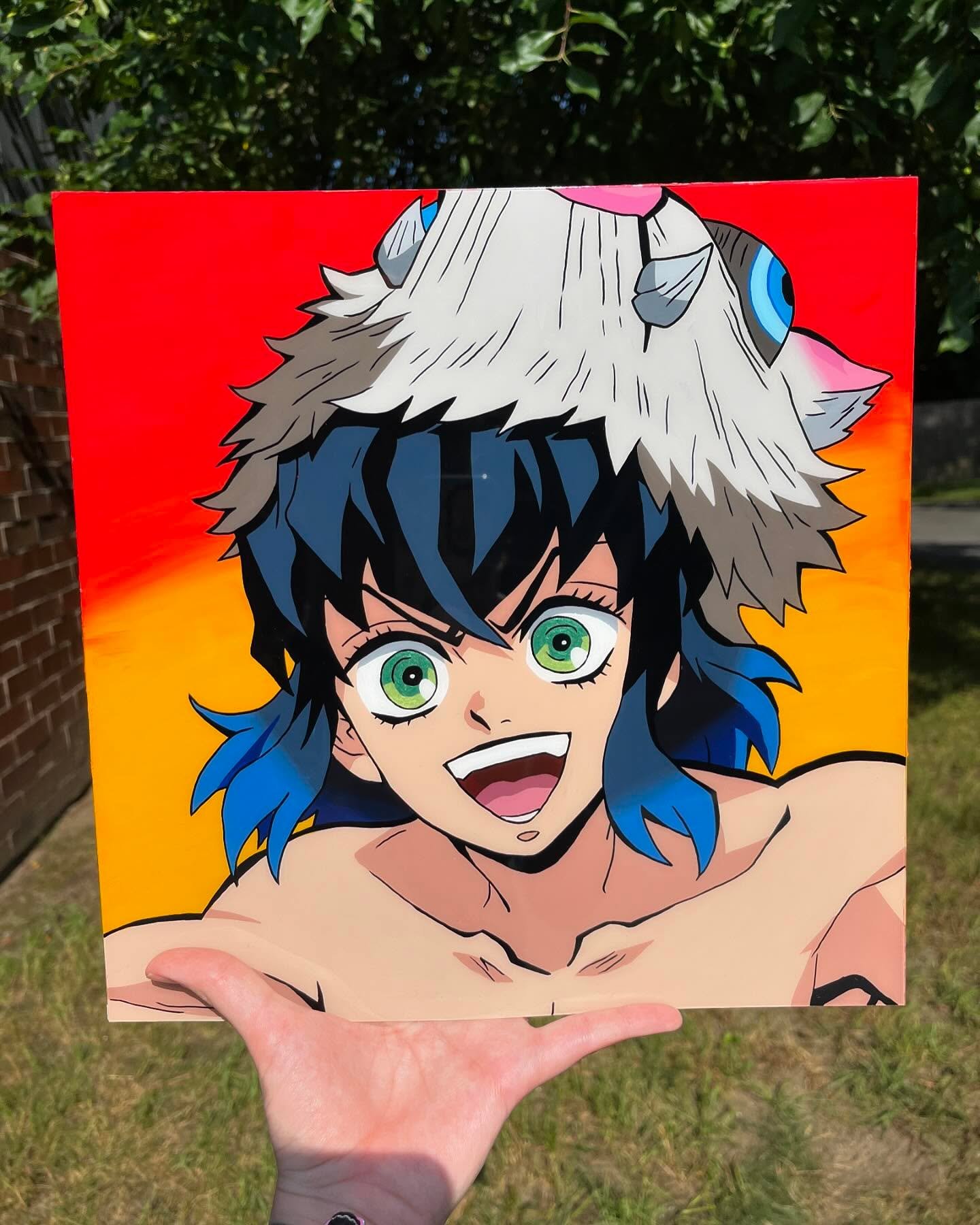 My Boy Inosuke!! 🐗🐗
This was so fun! Lots of gradients in his hair and the pig ear and background! Good practice and learned lots from it! 

#inosuke #inosukehashibira #demonslayer #denonslayerkimetsunoyaiba #demonslayerinosuke #animeglasspainting 