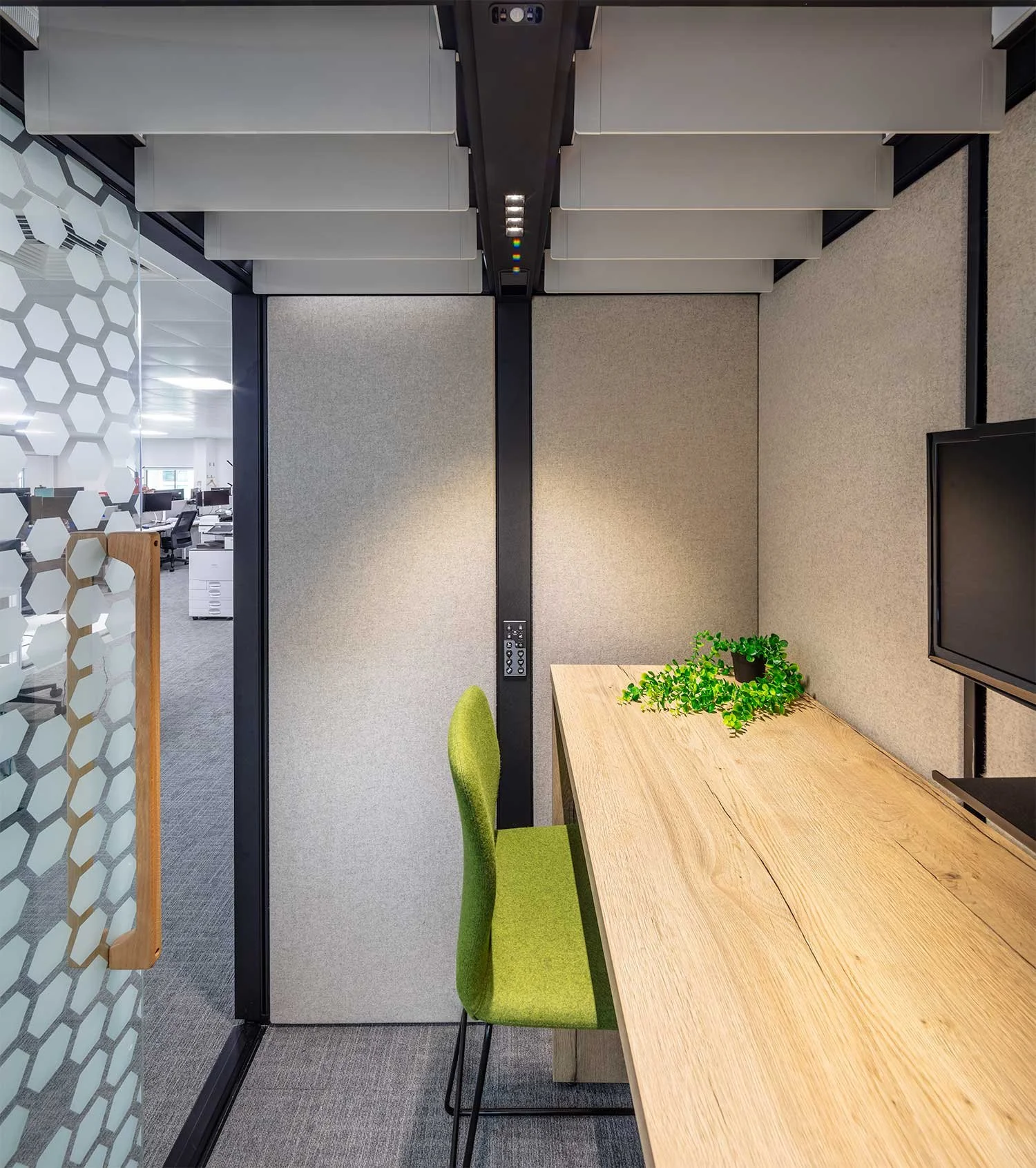 Inside the Orangebox Air acoustic pod roof with roof opened