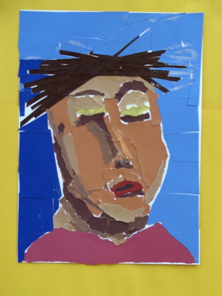 Torn paper portrait collage by middle school student.