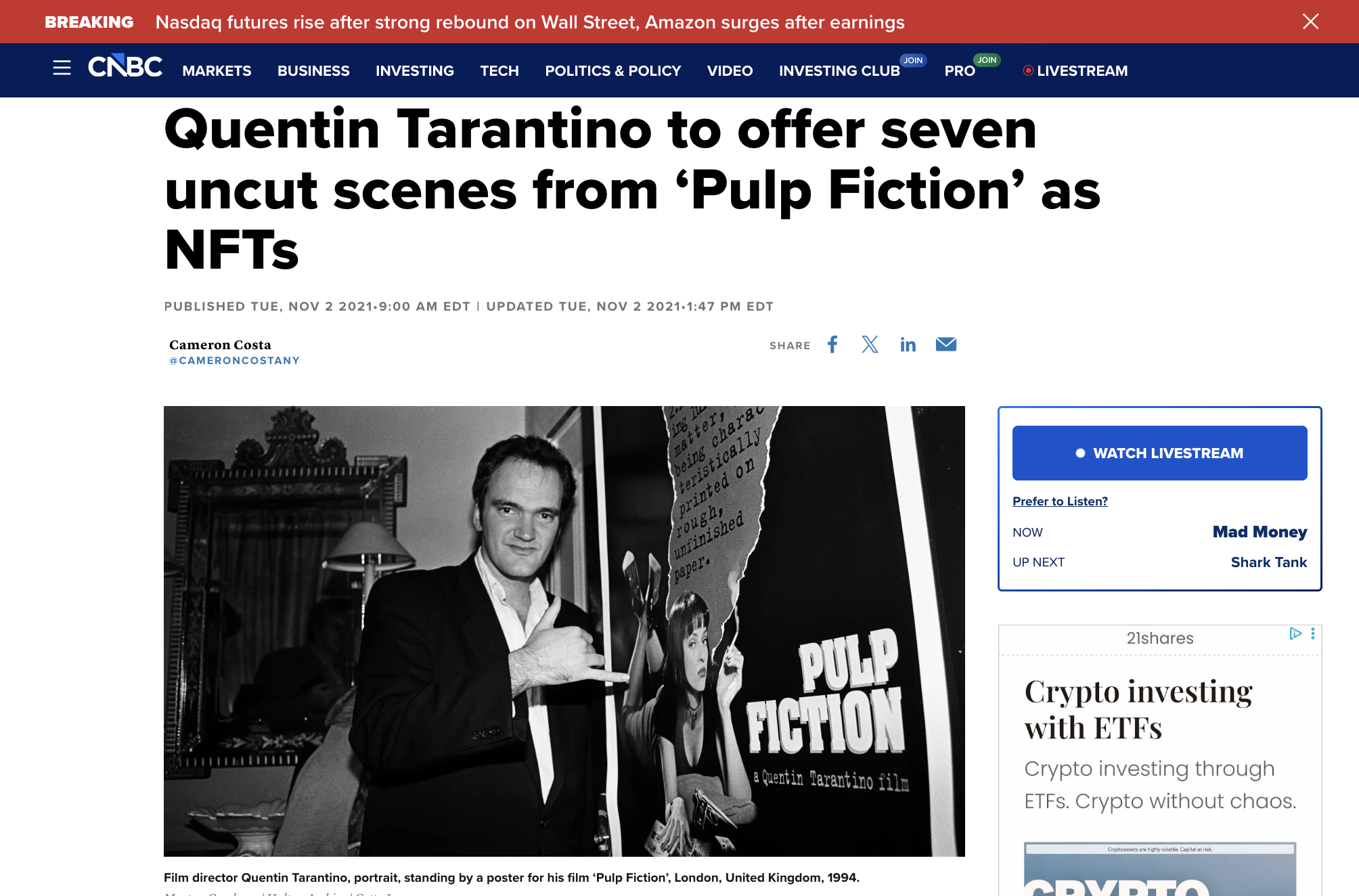 CNBC feautring Quentin Tarantino 'Pulp Fiction'  NFTs