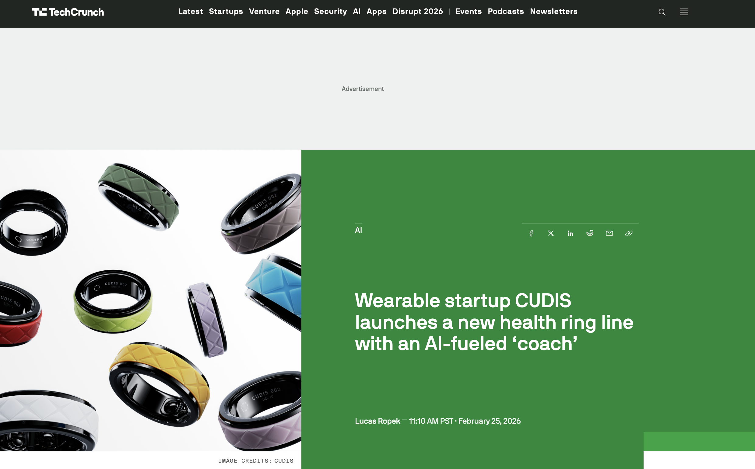 TechCrunch featuring a launch article about wearable startup CUDIS and its new health ring line powered by AI, with images of colorful rings.