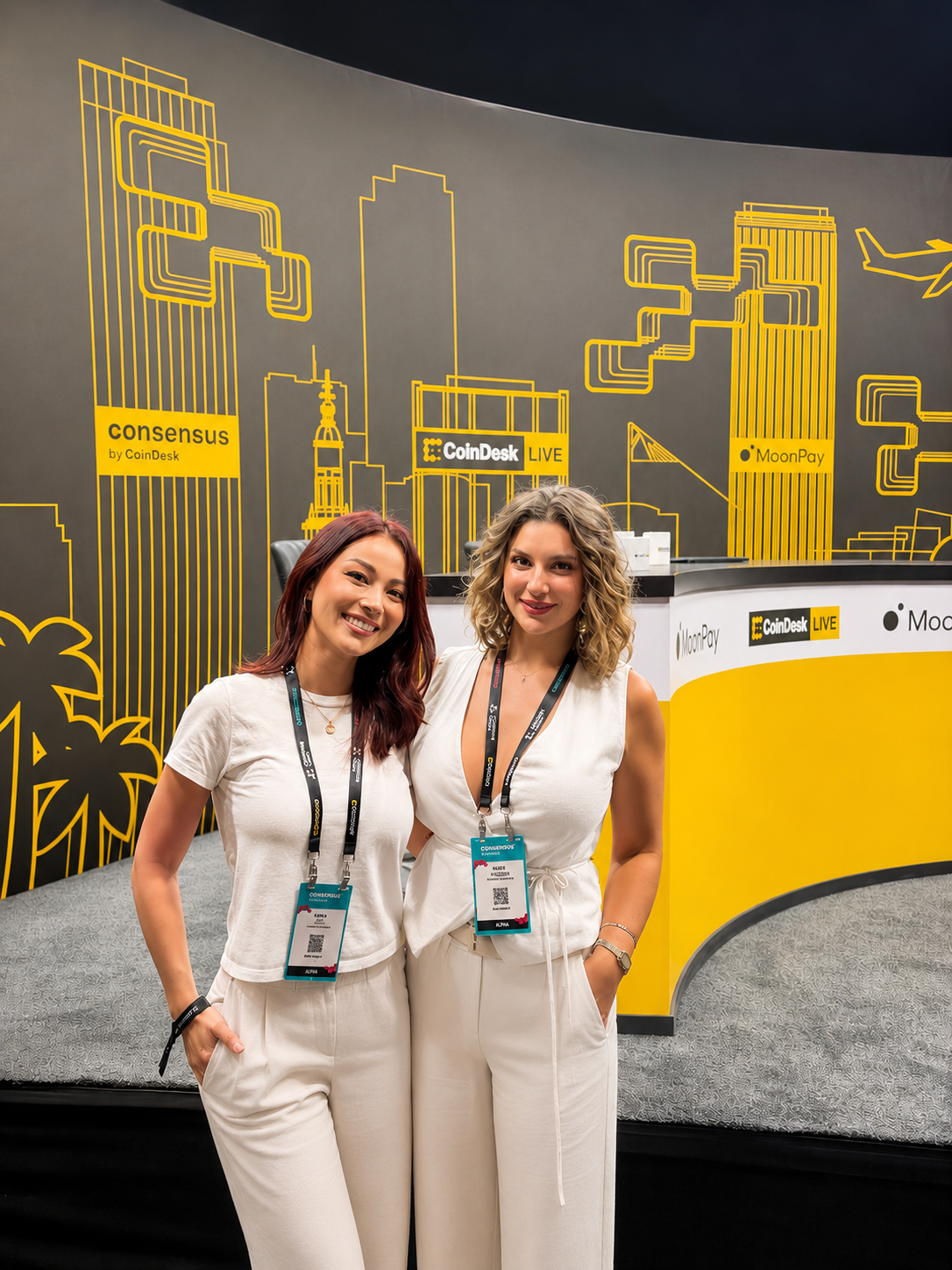 Karla Vilhelem and Alice Li at Consensus Miami 2026 for CoinDesk Live TV