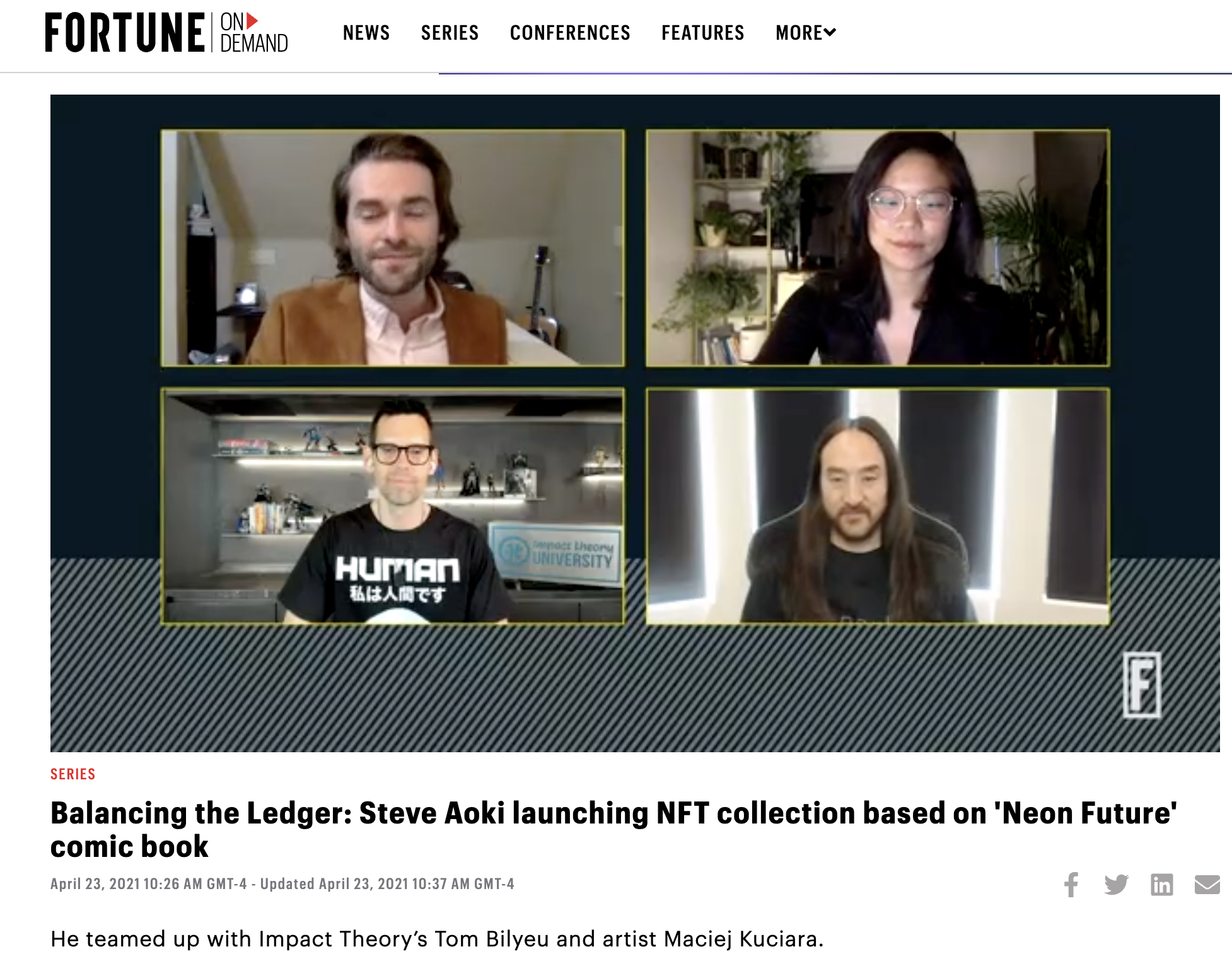 Fortune featuring Steve Aoki launching an NFT collection based on 'Neon Future' comic book