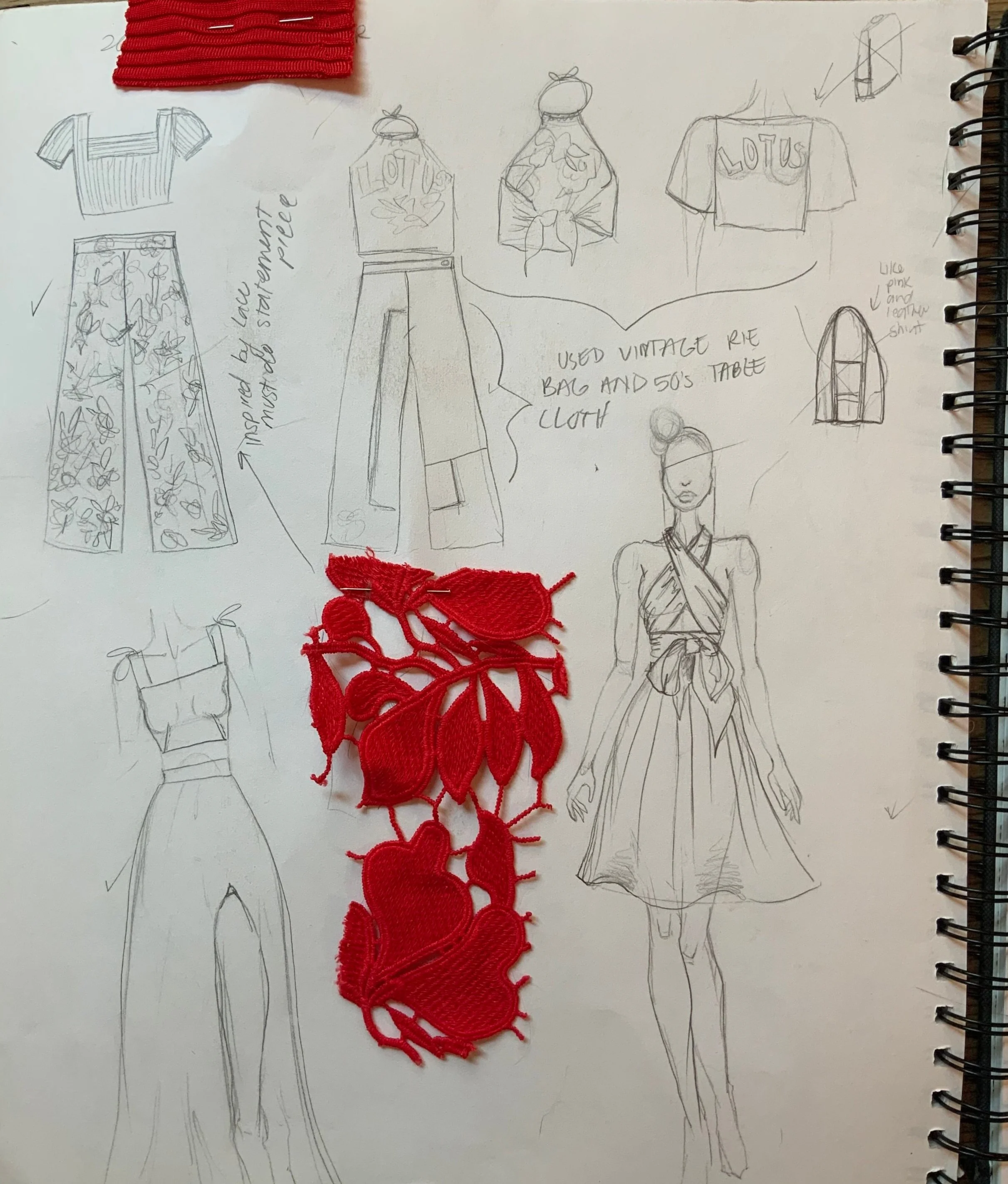 The red bolt of guipure lace immediately grabbed my attention. It was a must to create an unusual statement piece. I thought lace pants would be great versatility wise as well as something you don’t see everywhere.