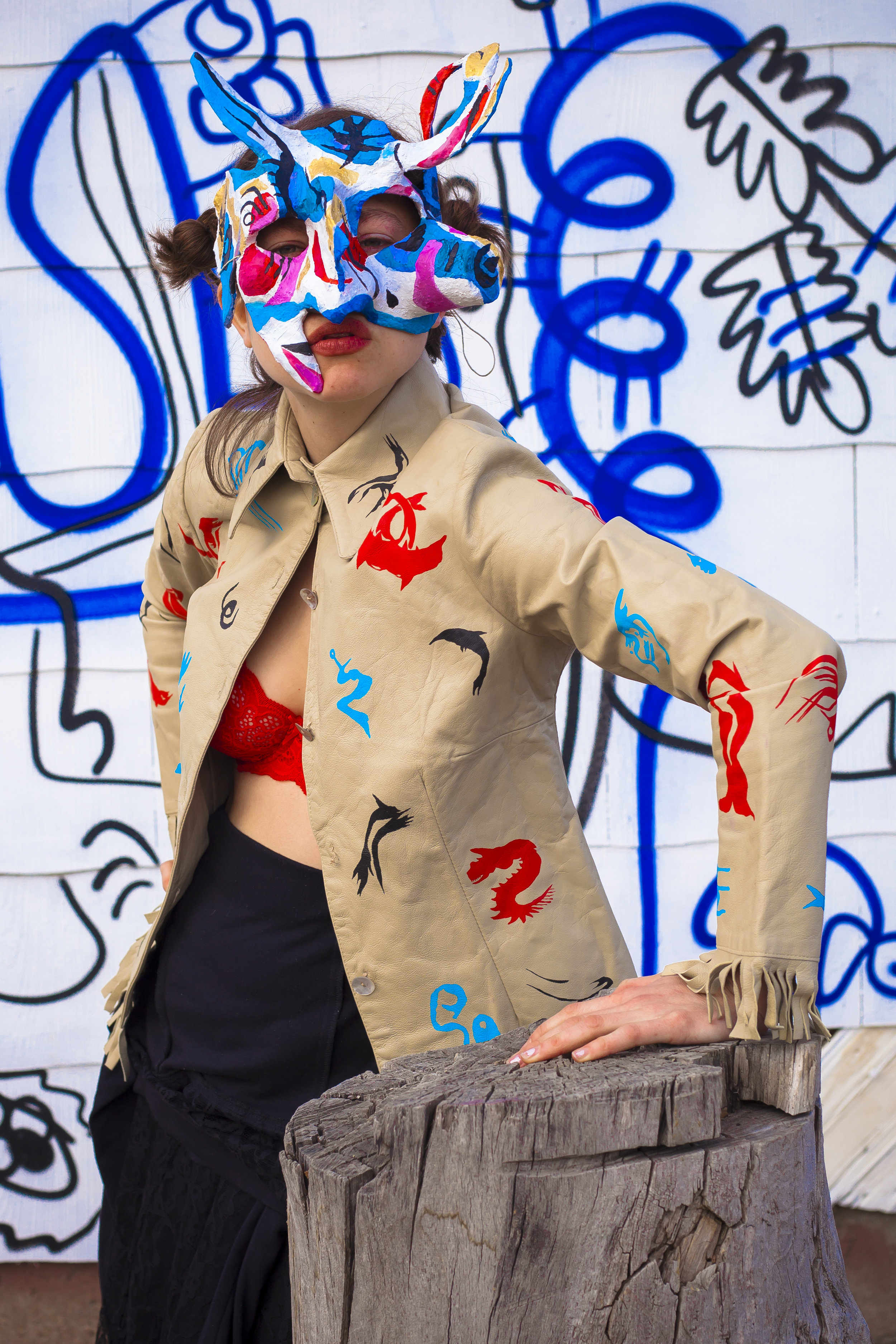 papier mâchée mask and hand painted leather jacket (2017)