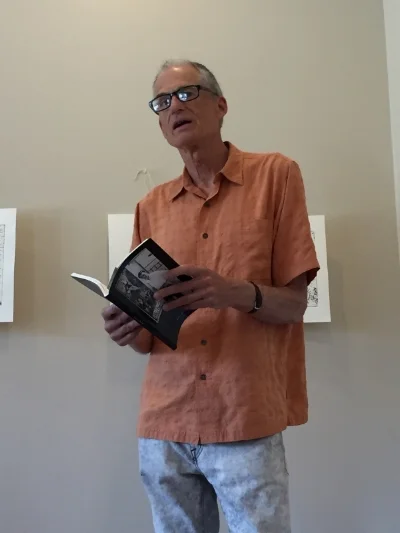 THE ARTIST READING FROM MICHAEL HANNON'S FABLES , IN HONOR OF THE WILLIAM T. WILEY/HANNON EXHIBITION AT THE JARED DAWSON GALLERY, IN CARPINTERIA, CALIFORNIA, JUNE OF 2017