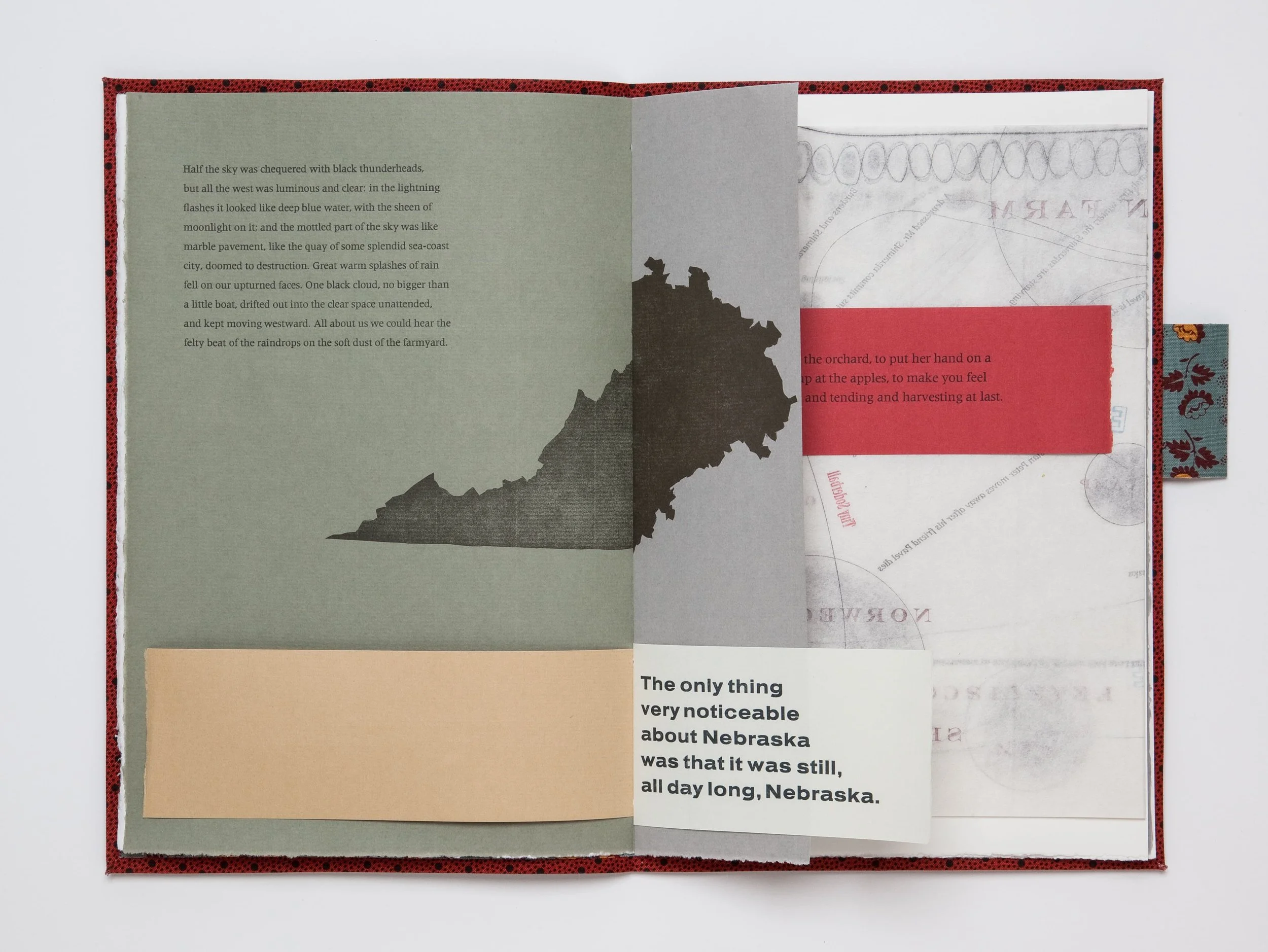 Mining My Ántonia (2012) Book view. 11” × 18” open. Cloth bound book of excerpted texts, printed letterpress from hand-set type. Co-published by Hartford Art College and Triangular Press