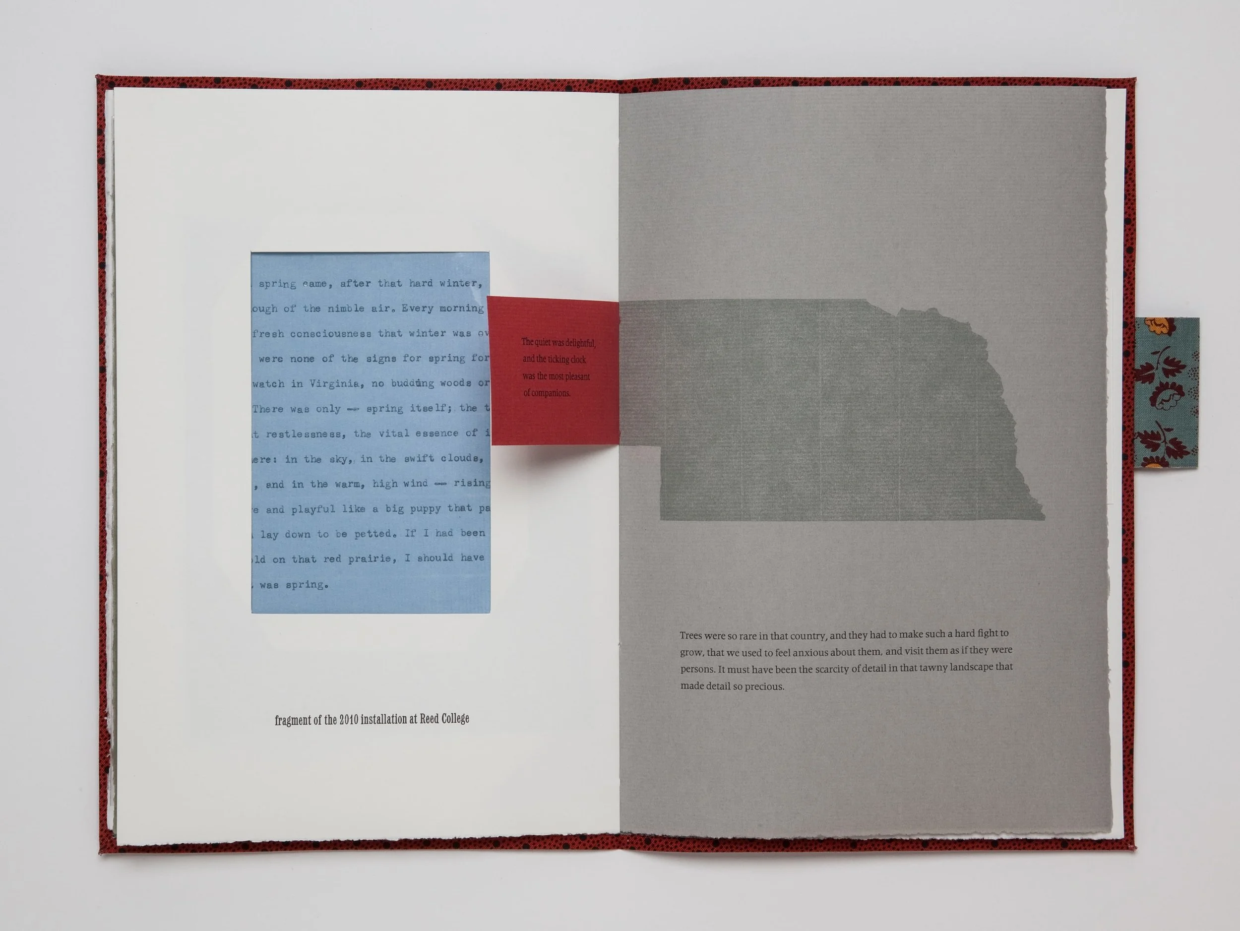 Mining My Ántonia (2012) Book view. 11” × 18” open. Cloth bound book of excerpted texts, printed letterpress from hand-set type. Co-published by Hartford Art College and Triangular Press