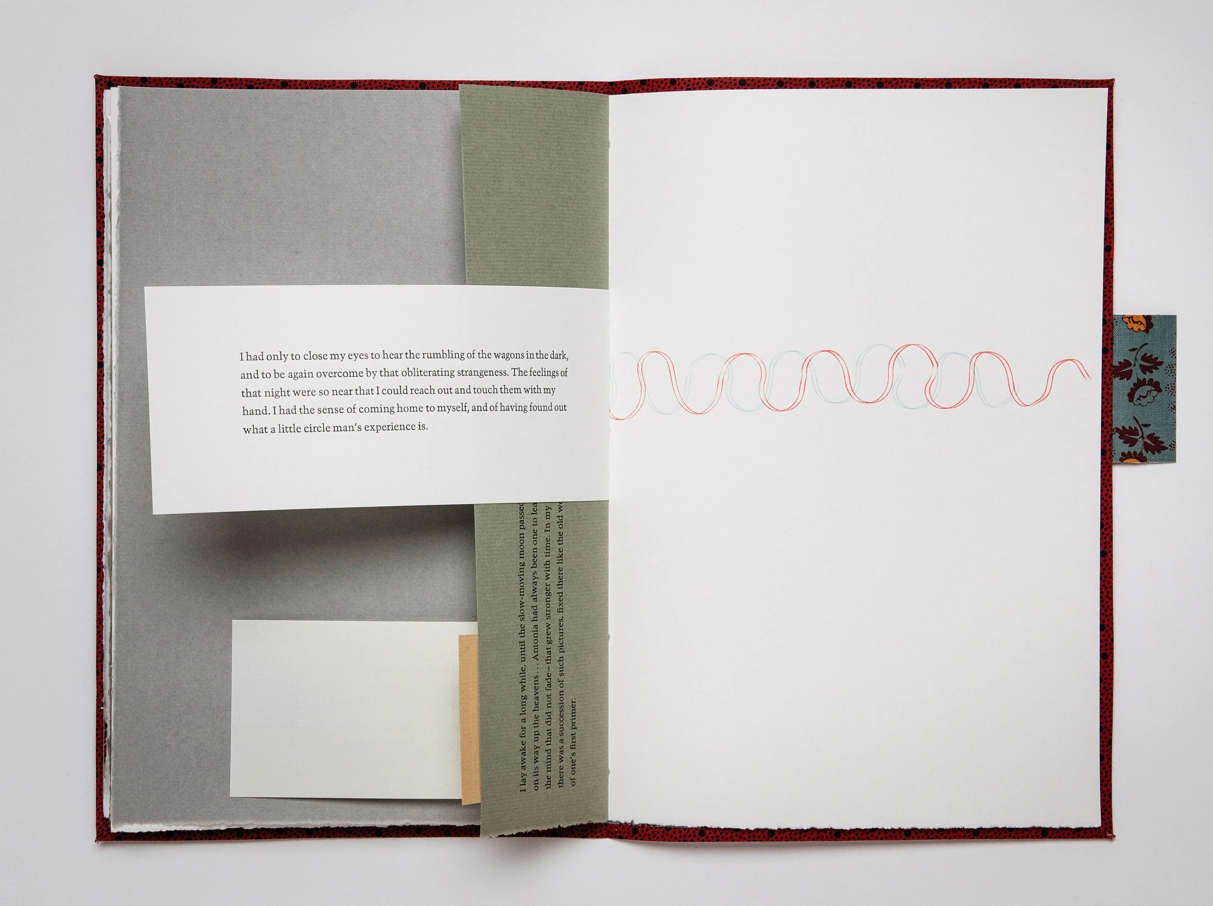 Mining My Ántonia (2012) Book view. 11” × 18” open. Cloth bound book of excerpted texts, printed letterpress from hand-set type. Co-published by Hartford Art College and Triangular Press