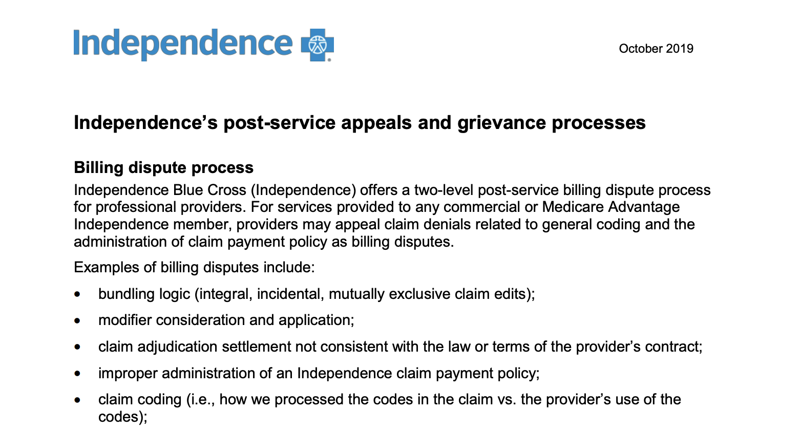 members can appeal an independence blue cross addiction treatment discharge billing decision