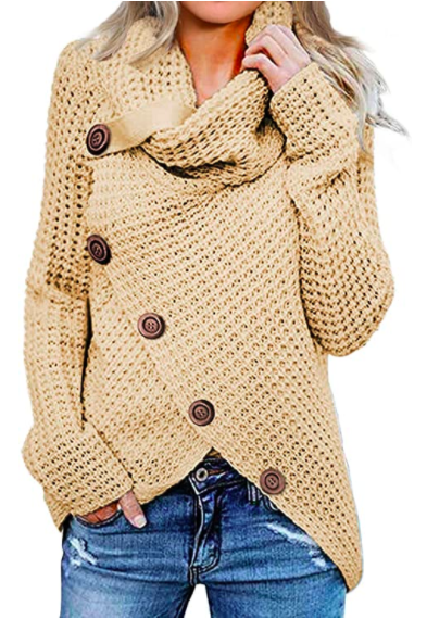 Asvivid Womens Button Turtle Cowl Neck Asymmetric Hem Wrap Pullover Sweater Tops