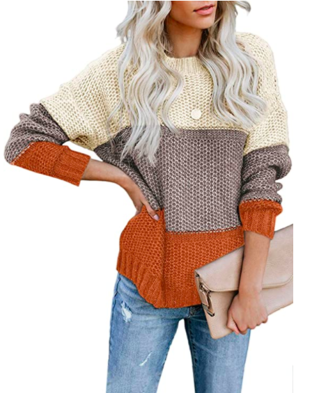 CANIKAT Women's Crewneck Color Block Striped Sweater Long Sleeve Loose Knit Pullover Jumper Tops