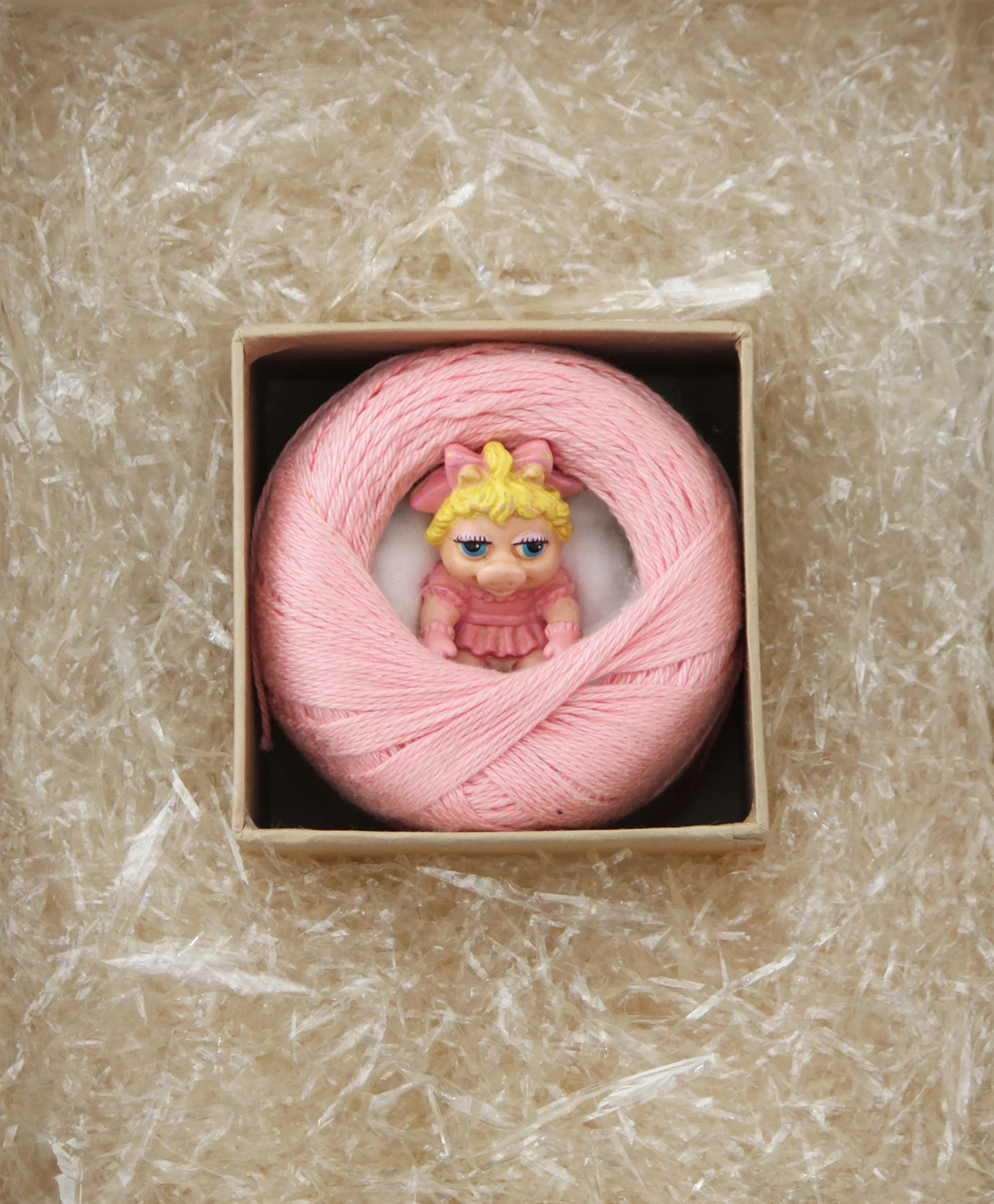TITLE: Miss Piggy in pink MEDIUM: Collected and salvaged items DIMENSIONS: H49 x W45cm FRAMED