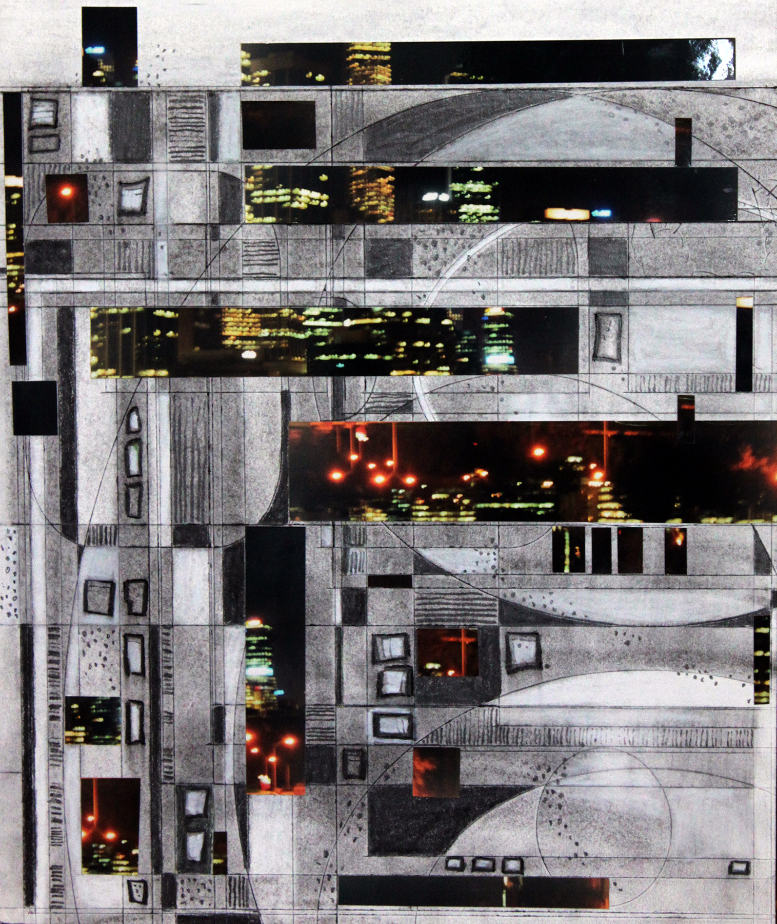  TITLE:&nbsp; A night in the city  MEDIUM: Collage and drawing DIMENSIONS: H51 x W44cm  FRAMED 