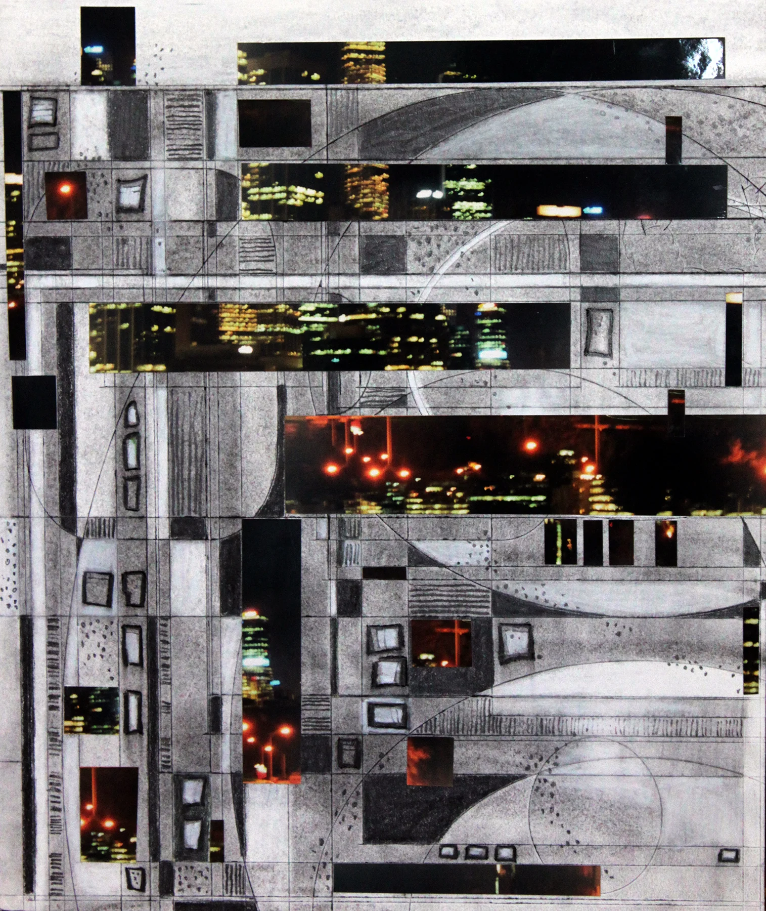 TITLE: A night in the city MEDIUM: Collage and drawing DIMENSIONS: H51 x W44cm FRAMED