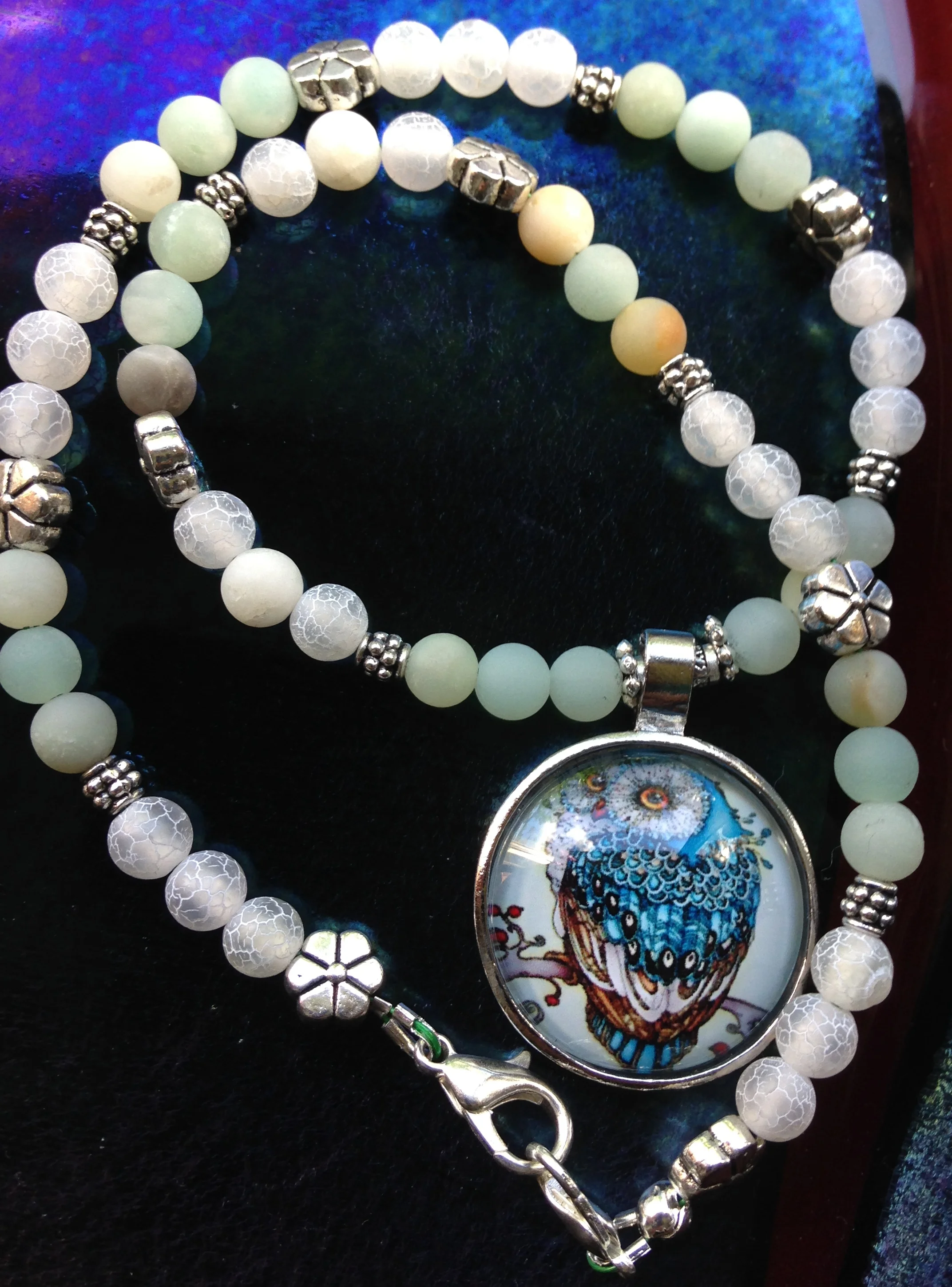 Owl Pendant On An Australian Made Natural Gemstone Necklace Amazonite White Dragon Veins Agate Tibetan Silver 41cm Crystal Tantricity All Things Crystal Jewellery Crystals New Candle Range Coming Soon