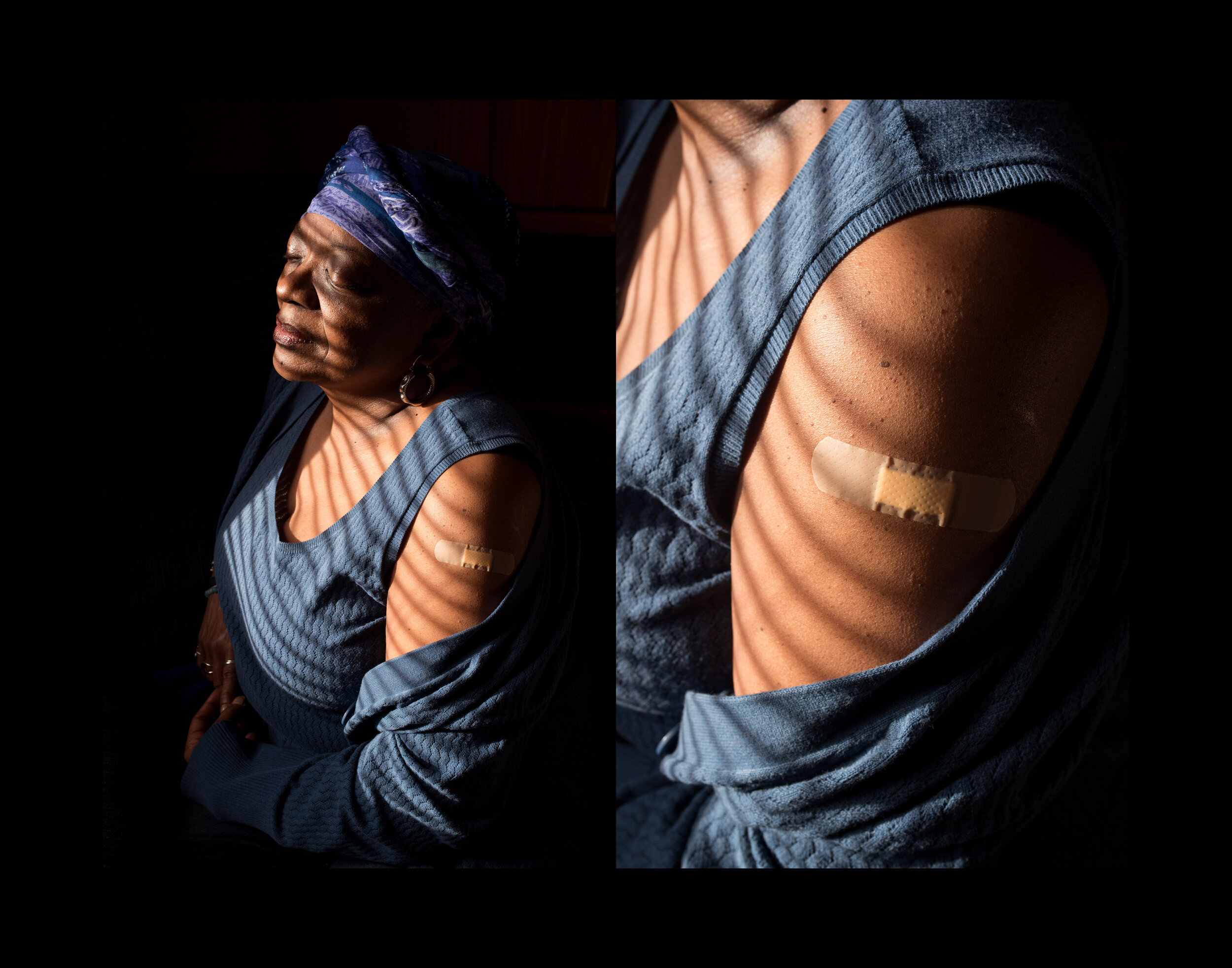   My mother, Michelle Nunn-Thomas received her first dose of the COVID vaccine. She said, "Thank God" while proudly showing off the band-aid on the arm where she received the injection while at our home in Southfield, MI on Friday, March 12, 2021.  