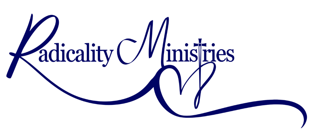 Logo that contains blue cursive text that reads "Radicality Ministries" along with heart and the sword symbols.