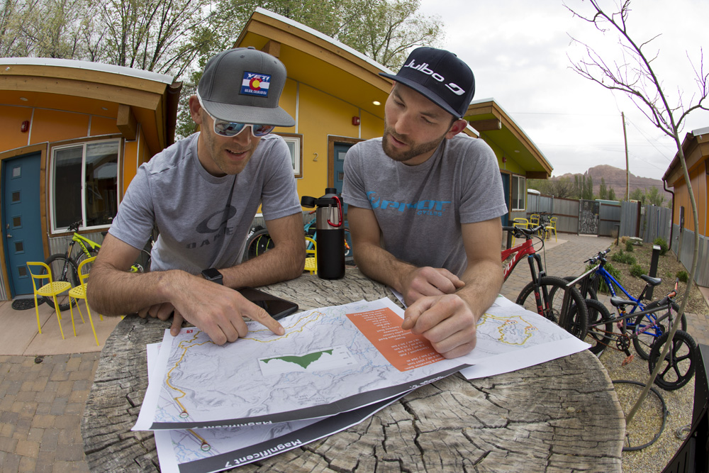 Canadian pro-riders Geoff Kabush and Evan Guthrie rented a tiny house in Moab and got down there early to check out the course.