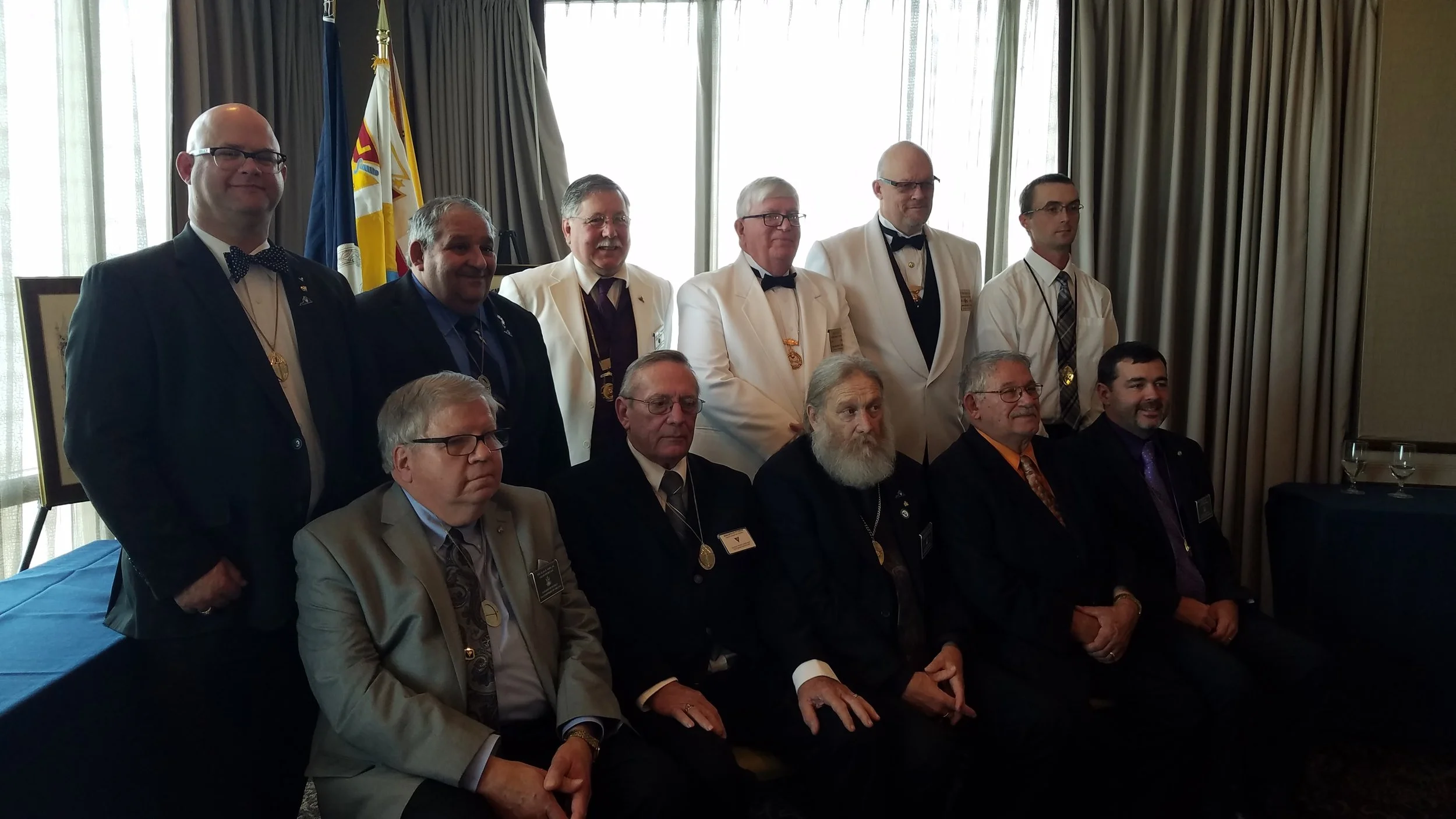 New 2019 Grand lodge officers for Virginia Grand Lodge, Knights of Pythias. Sitting L to R: Grand Sec. Sir Al Sims, PGC Steve Marquardt, sitting in for Grand Vice Chancellor Jeff Mohler, Grand Chancellor Zeke Reynolds, Grand Prelate Mike Benedict and Grand Treasurer Lyle Joyner. Standing- Grand Outer Raymond Jordan, Grand Master of Arms Mike Morad, Installing Officers- Supreme Rep Mike Thornton, Supreme Master of Arms Mark Ward, Supreme Prelate Mark Mead and Grand Inner Guard Josh Tabor. They were installed at GL convention Oct 13 in Virginia Beach, VA.