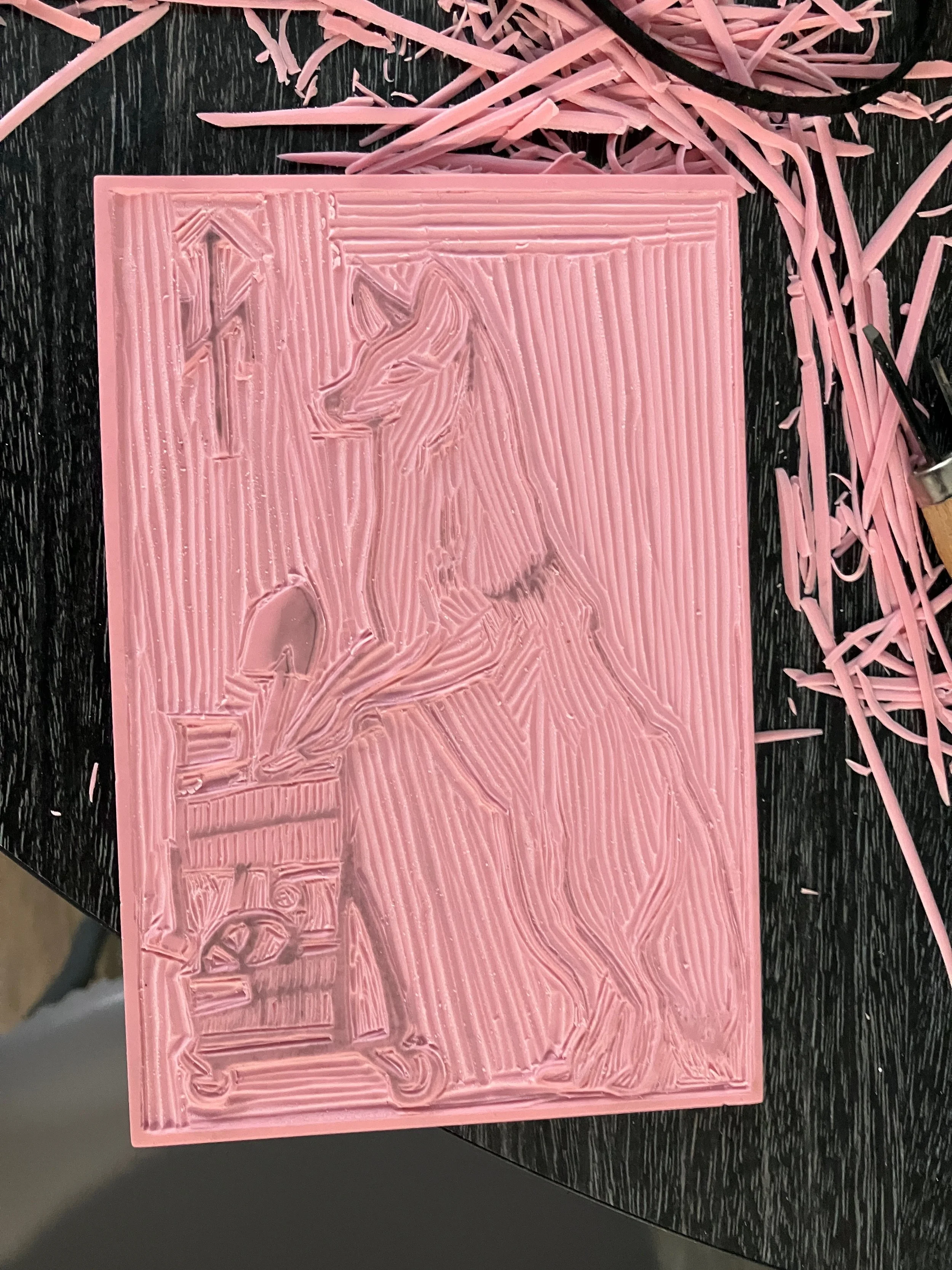 Linocut negative for Little Red Warrior and His Lawyer