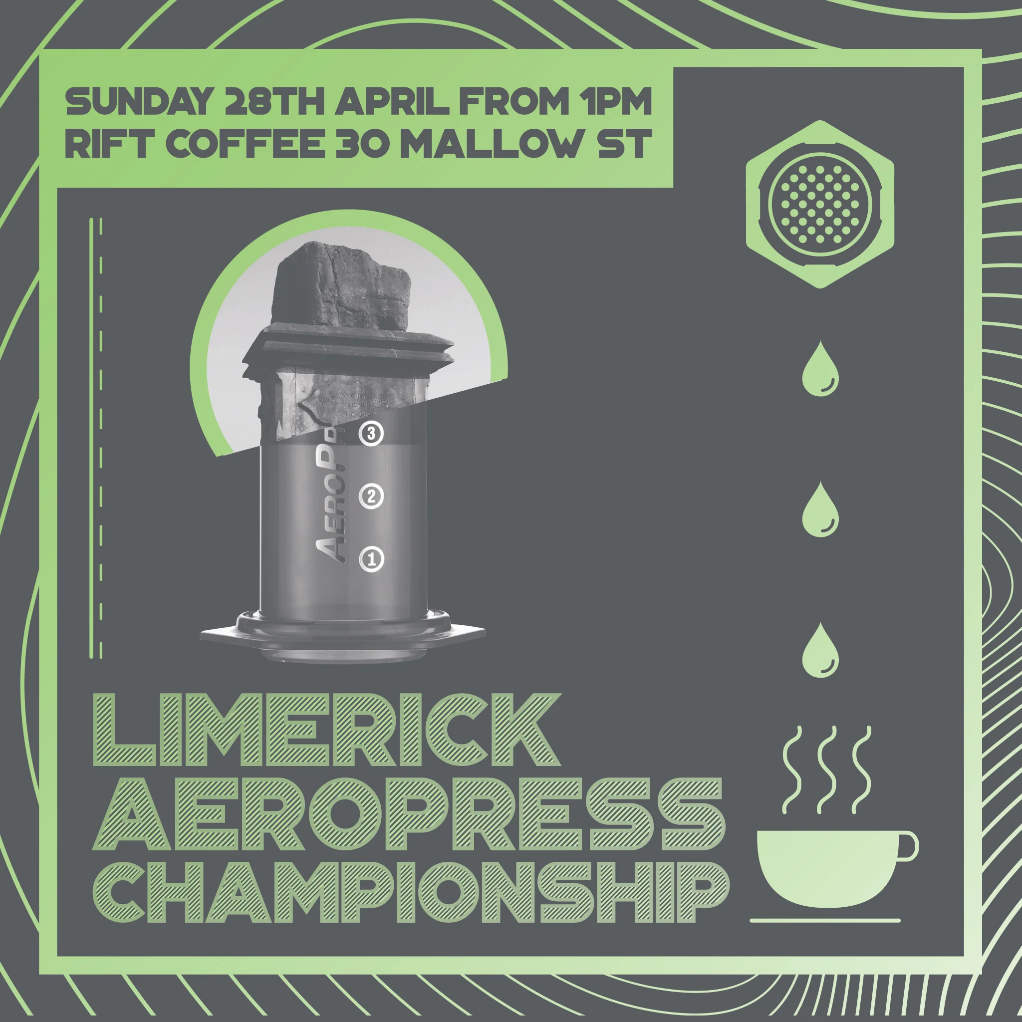 Limerick Aeropress Championship (Pssst, this is not an offical Aeropress Championship & has no affiliations to the W.A.C, it’s for fun & the coffee community in Limerick & Ireland) The time is upon us to get prepared for the great Limerick aeropress championship. This event is open to everyone – friends, customers, consumers & professionals. Attendance is free of charge, there will be beers & good times for all. To compete there is a fee of €15 per competitor. We will cap competitors to 24. To enter click here. Each competitor will be given 250g of whole bean practise coffee at least 1 week before competing, there will be coffee available on the day to use. All information regarding competition format, what to bring & rules are available to download here.
