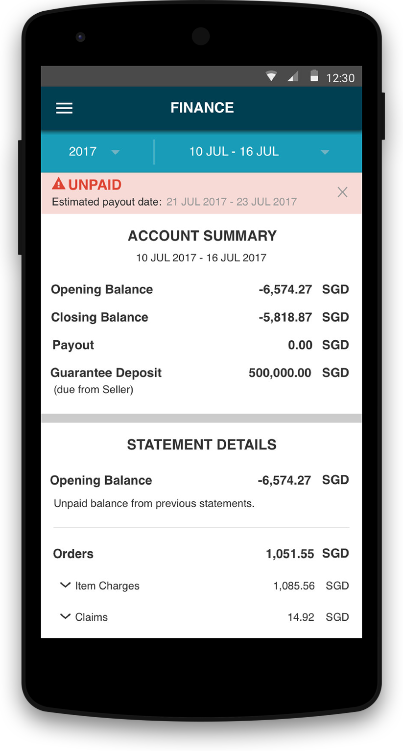 TRACK PAYMENTS Sellers can view account summary and details in weekly financial statements.