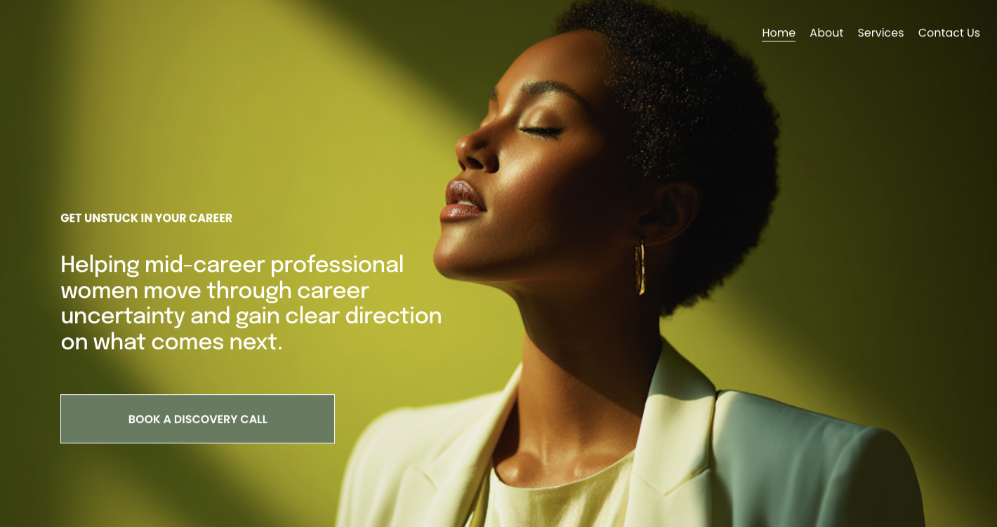 A woman with short curly hair and gold hoop earrings, with eyes closed, wearing a light-colored blazer and top, standing in front of a green background, with a website header and call-to-action button overlay.