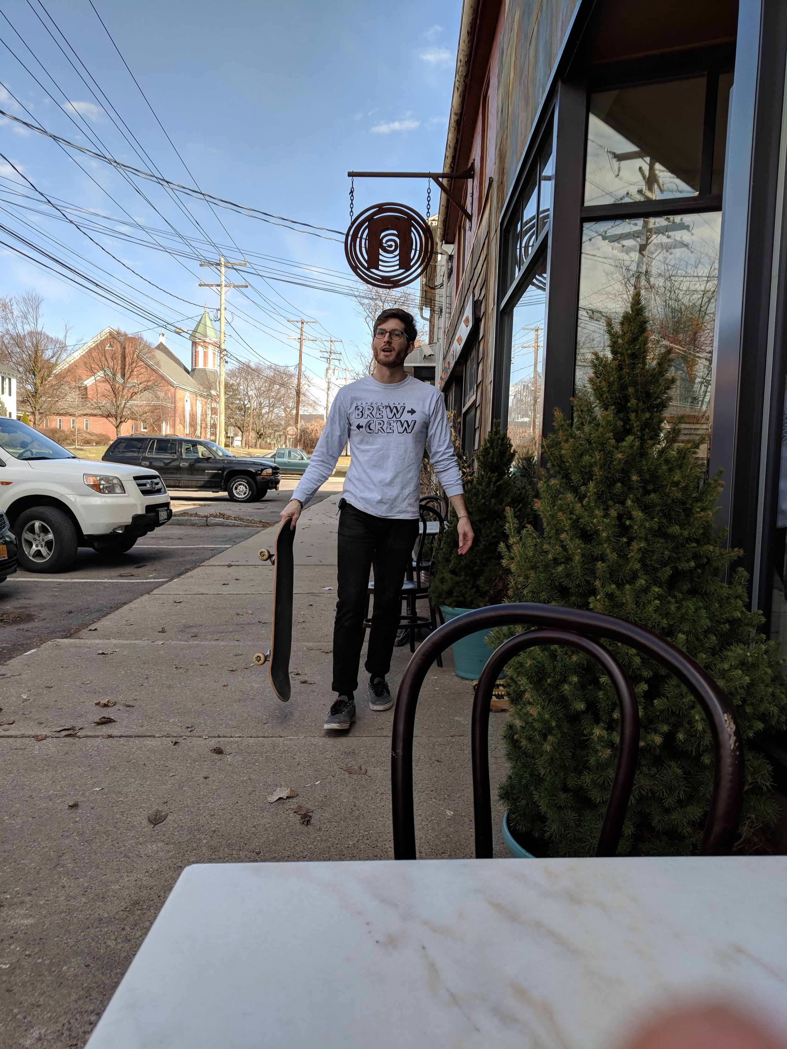 A good boy, his skateboard and coffee