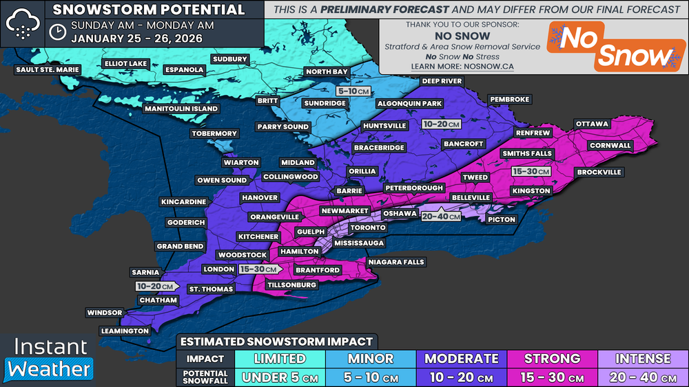 Original 2026-01-24 forecast map: A major snowstorm for the GTA.