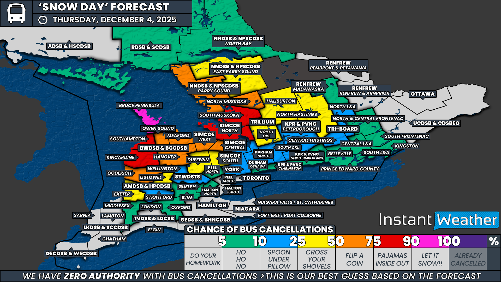 ‘Snow Day’ Forecast: Snow Squalls Threaten Widespread School Bus Cancellations in Southern Ontario’s Snowbelt on Thursday