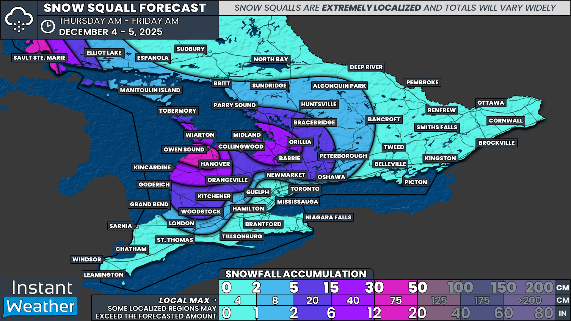 Brief, Intense Snow Squalls Return to Southern Ontario’s Snowbelt on Thursday With Up to 20 to 50cm Expected