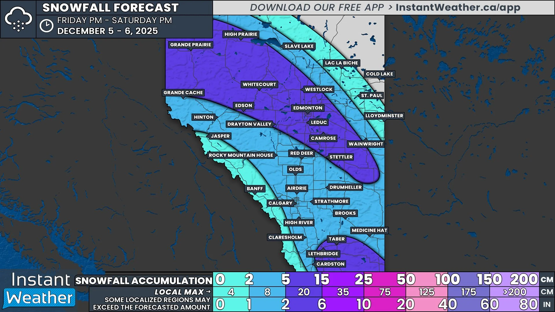 Short Blast of Snow Behind a Cold Front Will End the Week with 5-15cm of Snow for Parts of Alberta