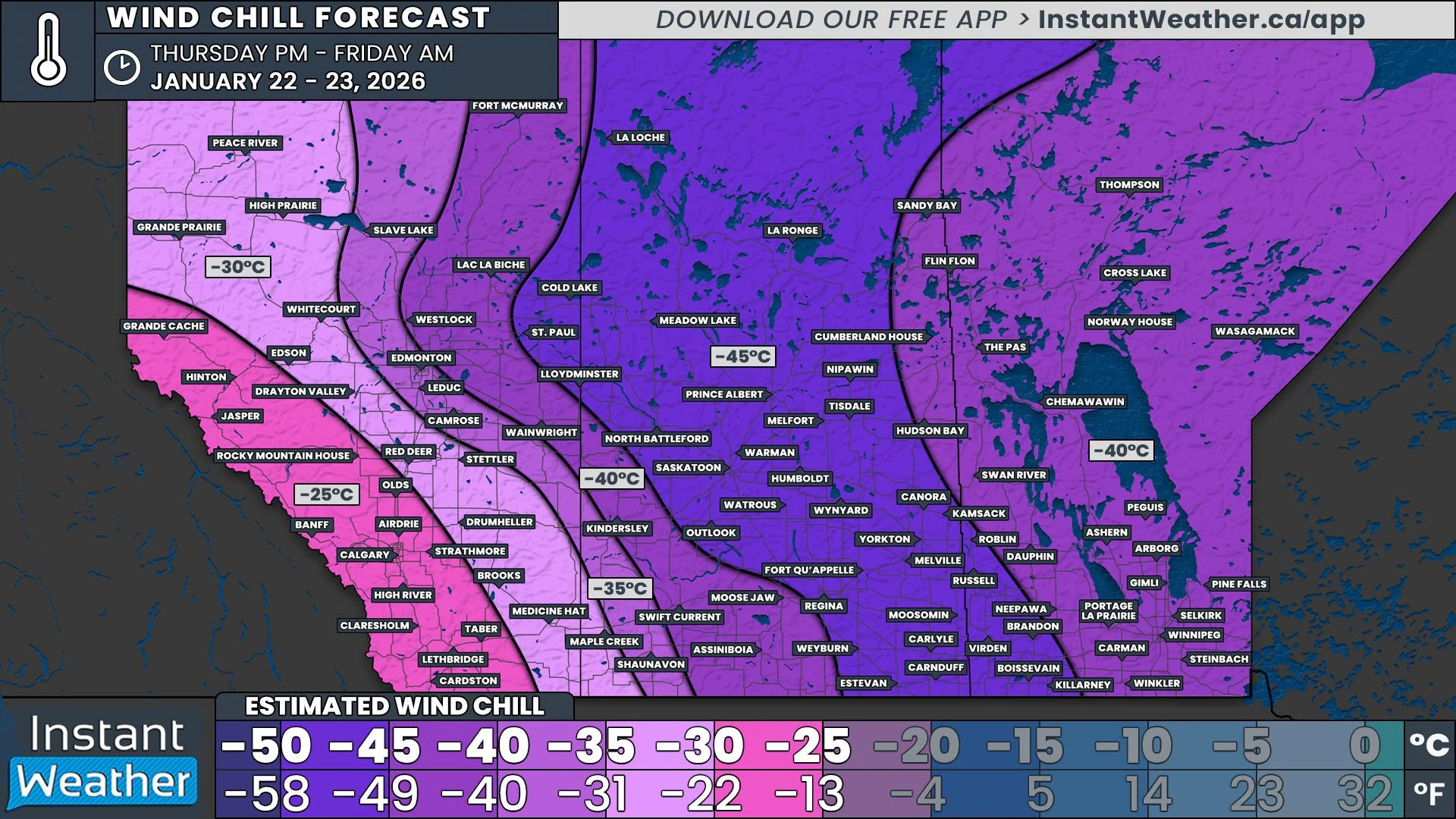 Deep Freeze Continues Across the Prairies Thursday Night With Wind Chills Dropping Below -45°C