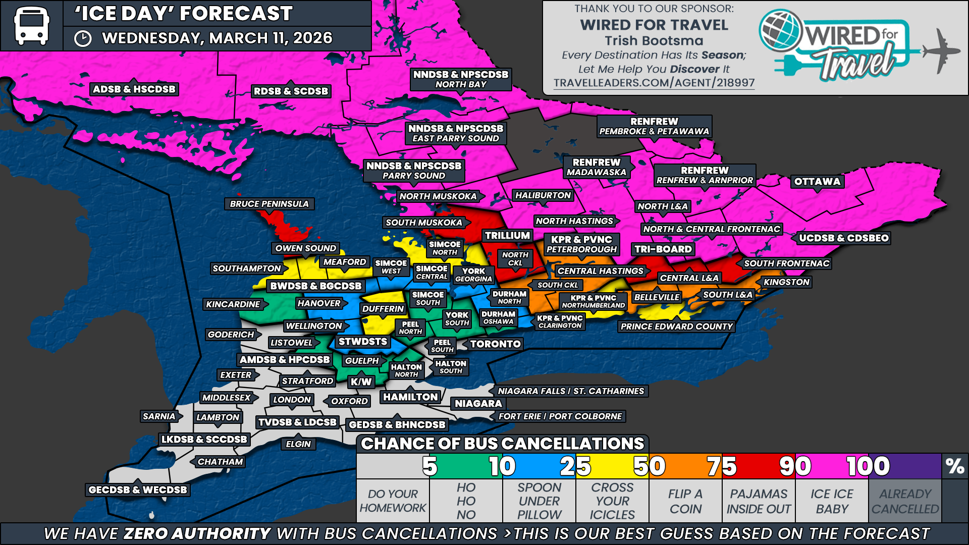 ‘Snow/Ice Day’ Forecast: Widespread Bus Cancellations and School Closures Likely Wednesday for Ottawa, Eastern and Central Ontario Due to Significant Ice Storm