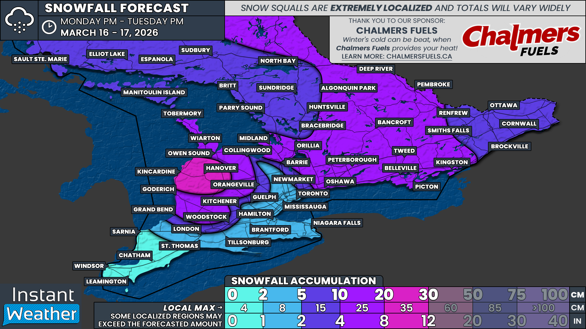 Winter Roars Back Across Southern Ontario Tuesday With Up to 30 cm of Snow and -20°C Wind Chills