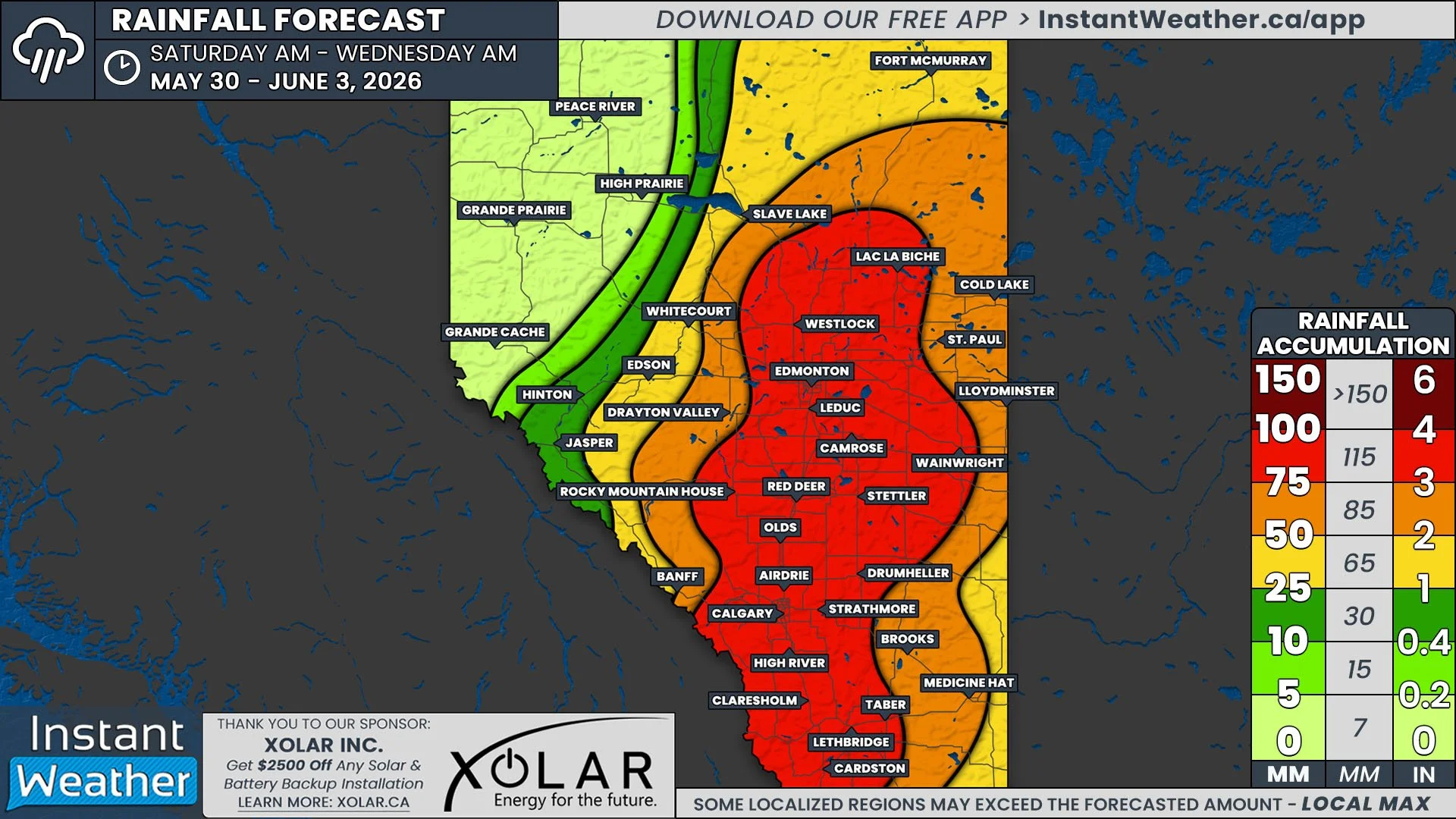 Soaking Rains Will Mark the End of May and Start of June Across Most of Alberta, More Than 100mm Possible Over Four Days
