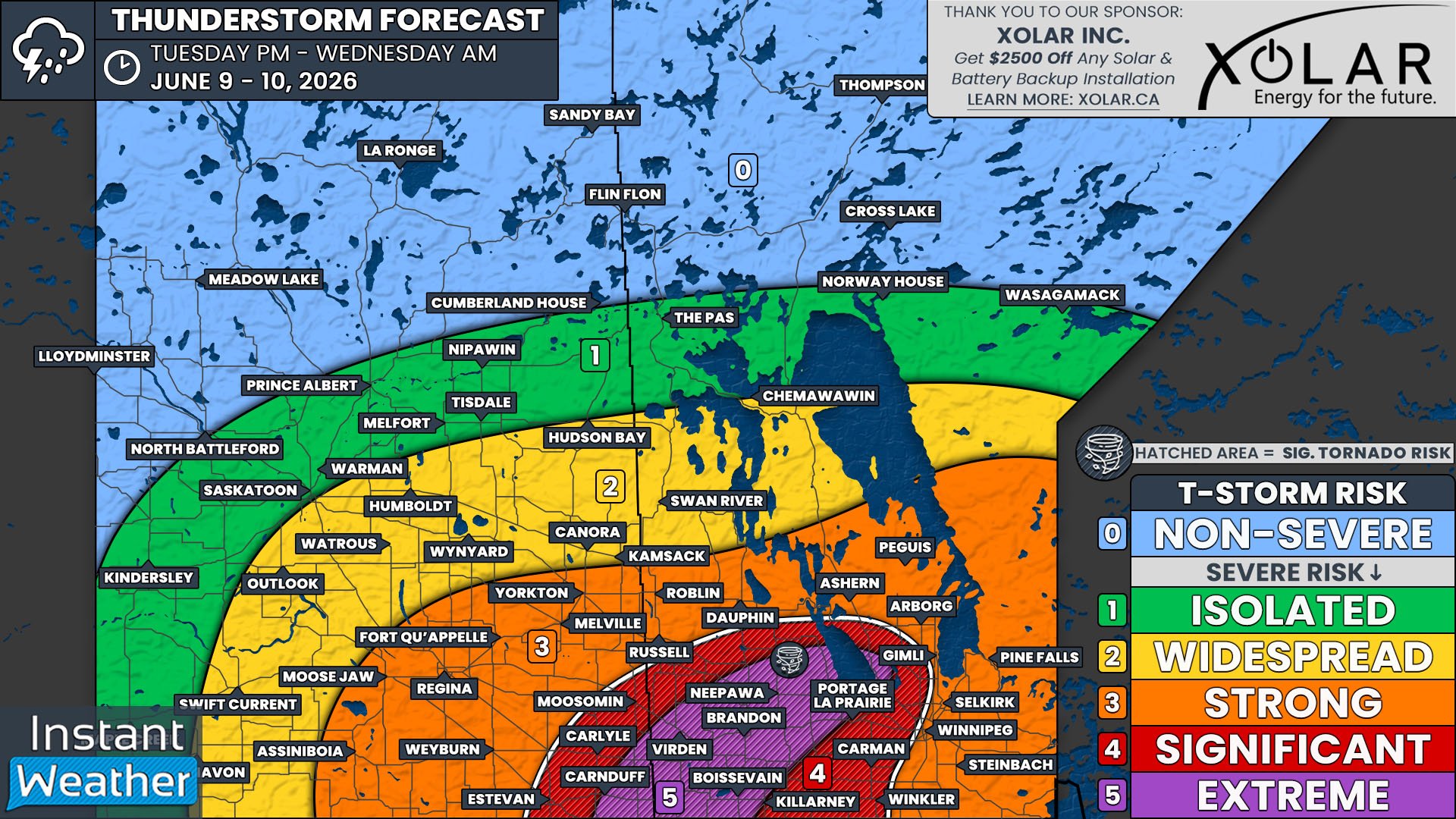 Potential Derecho Combined with Threat of Baseball Hail and Tornadoes Marks the Return of Extreme Risk in Saskatchewan and Manitoba Tuesday
