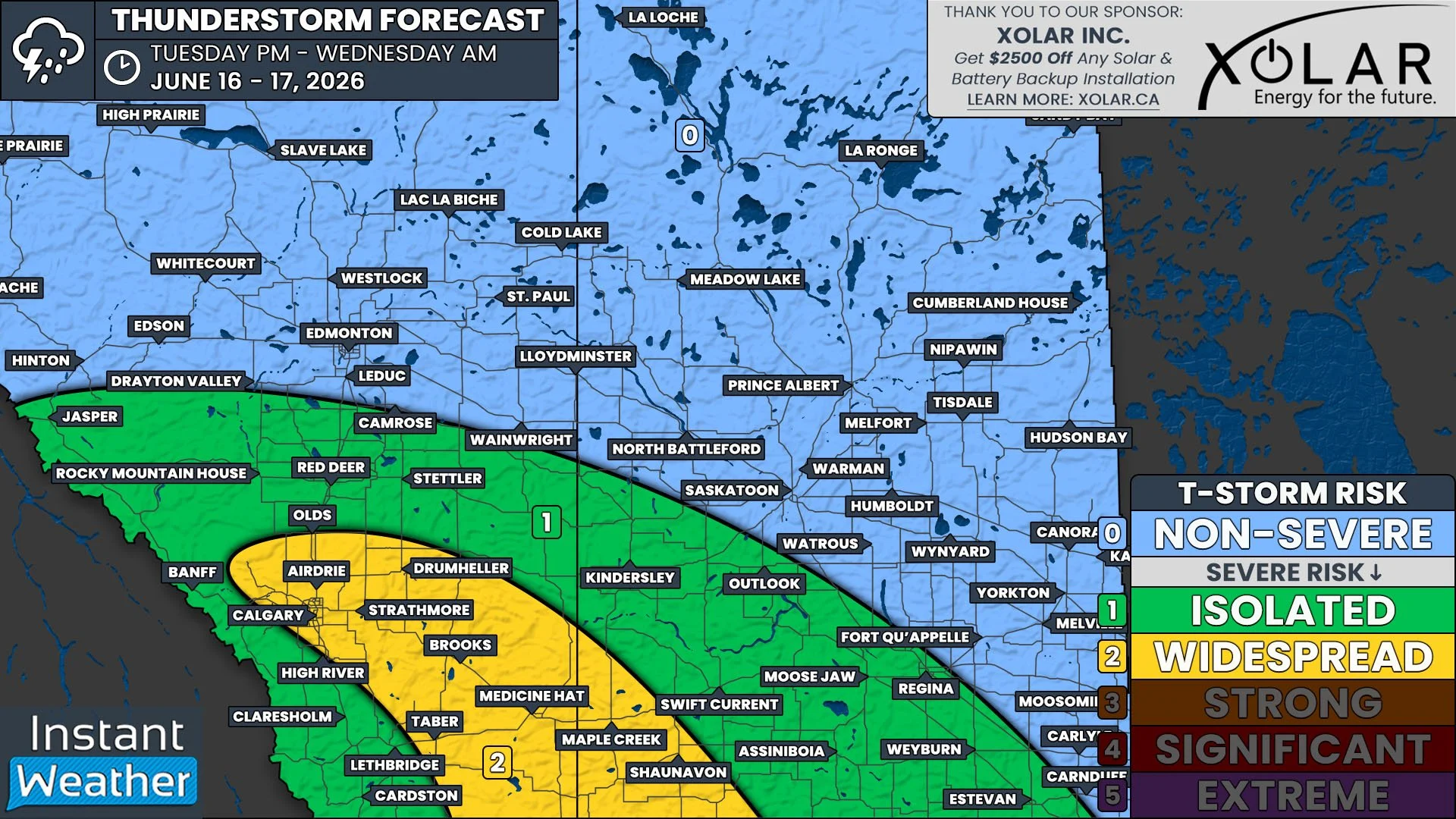 Strong Winds and Timbit Sized Hail Possible with Widespread Risk of Severe Thunderstorms in Southern Alberta &amp; Saskatchewan Tuesday