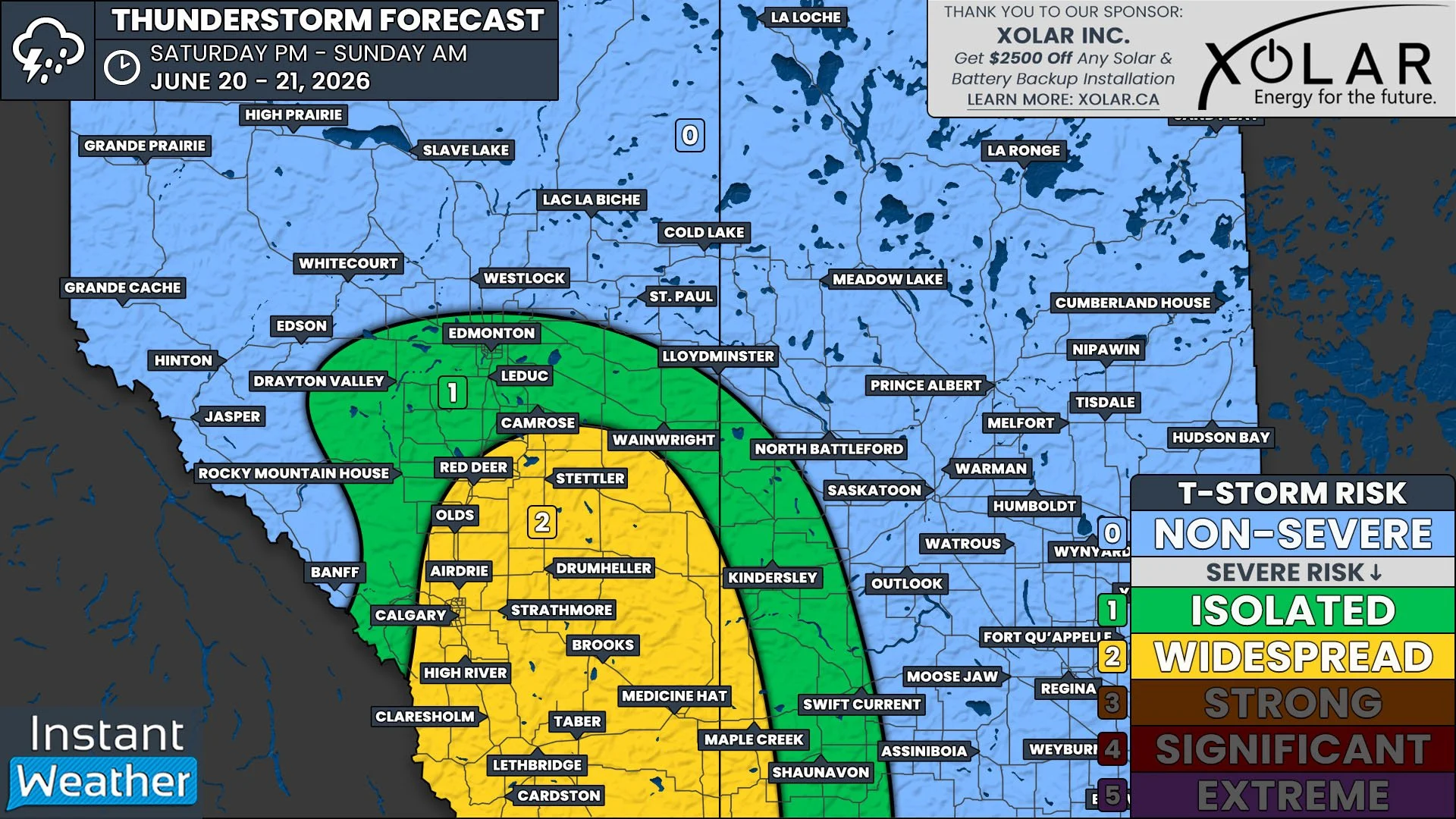Widespread Severe Thunderstorms Possible Across Southern Alberta and into Southwestern Saskatchewan Today with Slight Risk of a Tornado