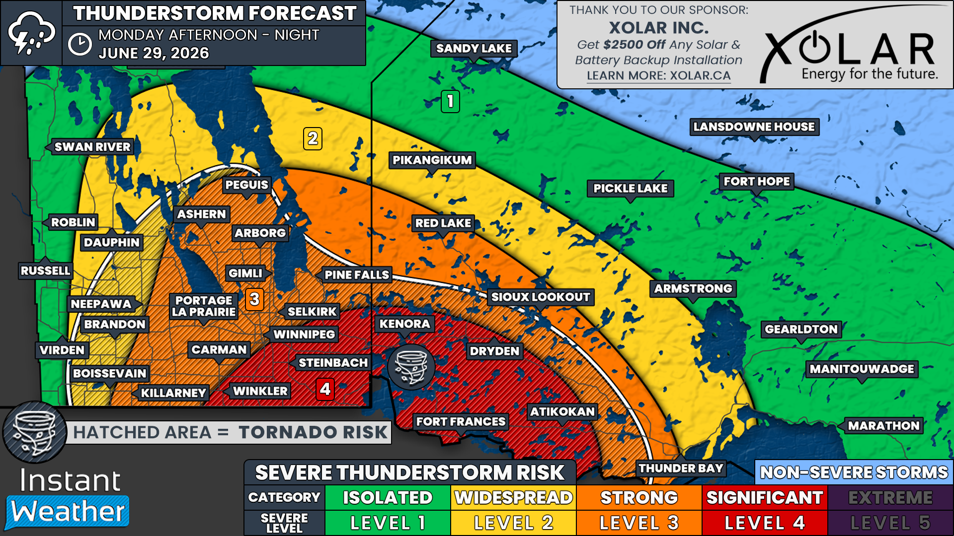Multiple Tornadoes and Tennis Ball Sized Hail Possible Monday Across Manitoba and Northwestern Ontario