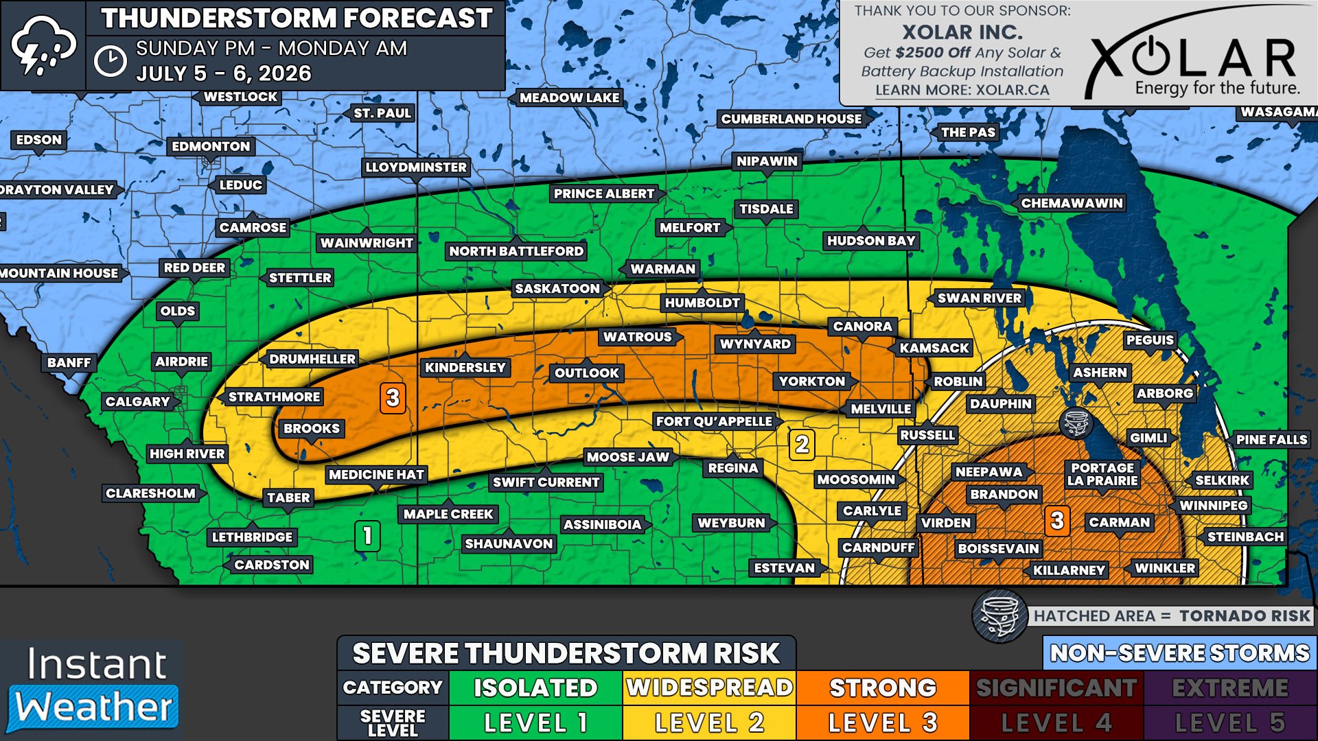 Widespread Strong Severe Thunderstorm Risk Across the Prairies Sunday with Tornado Threat in Southwestern Manitoba