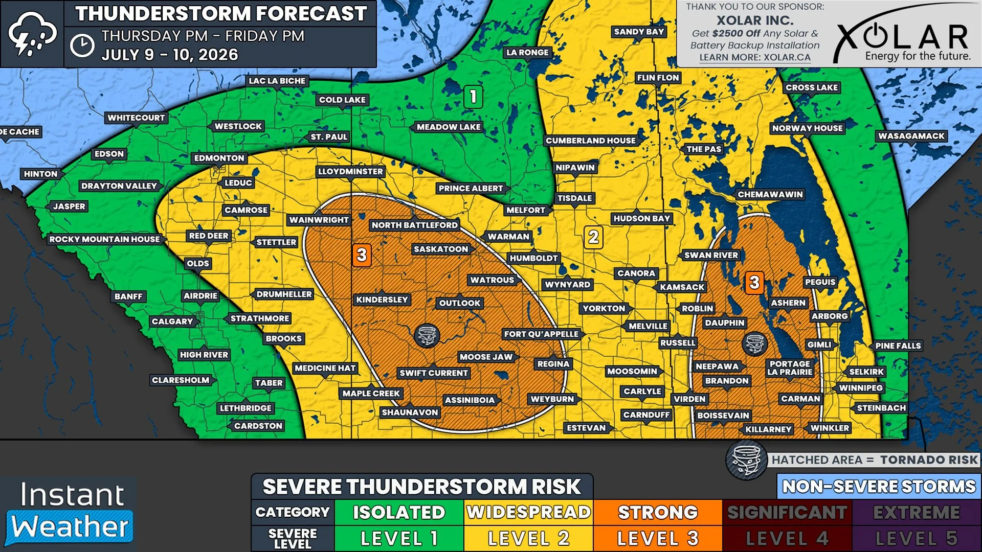 Massive Tennis Ball Hail and Tornado Threat from Strong Severe Thunderstorms Across All Three Prairie Provinces Thursday