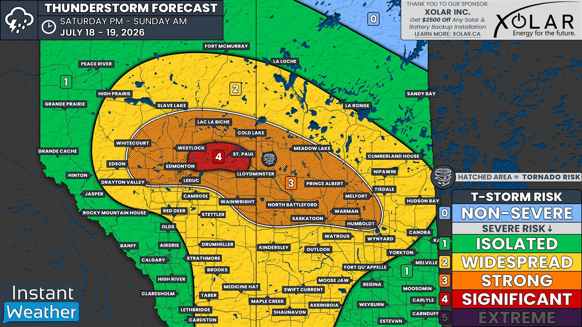 Dangerous Tornadic Supercells Capable of Massive Hail &amp; Destructive Wind Gusts Possible Northeast of Edmonton Saturday; Strong Severe Thunderstorm Risk Extends Across Alberta &amp; Saskatchewan