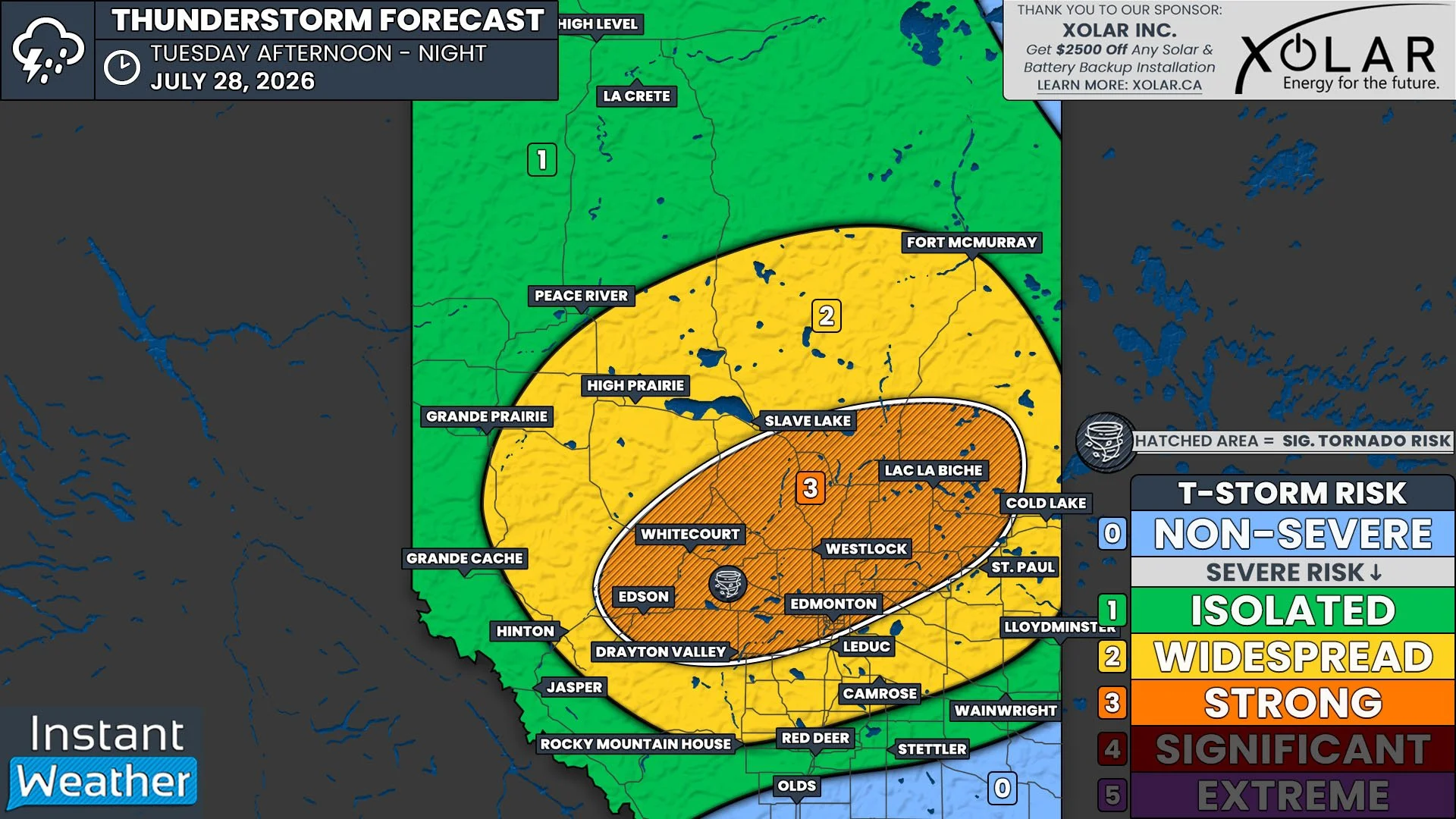Strong Severe Thunderstorms with Tornado Risk Once Again Target Edmonton and Parts of Central &amp; Northern Alberta Tuesday