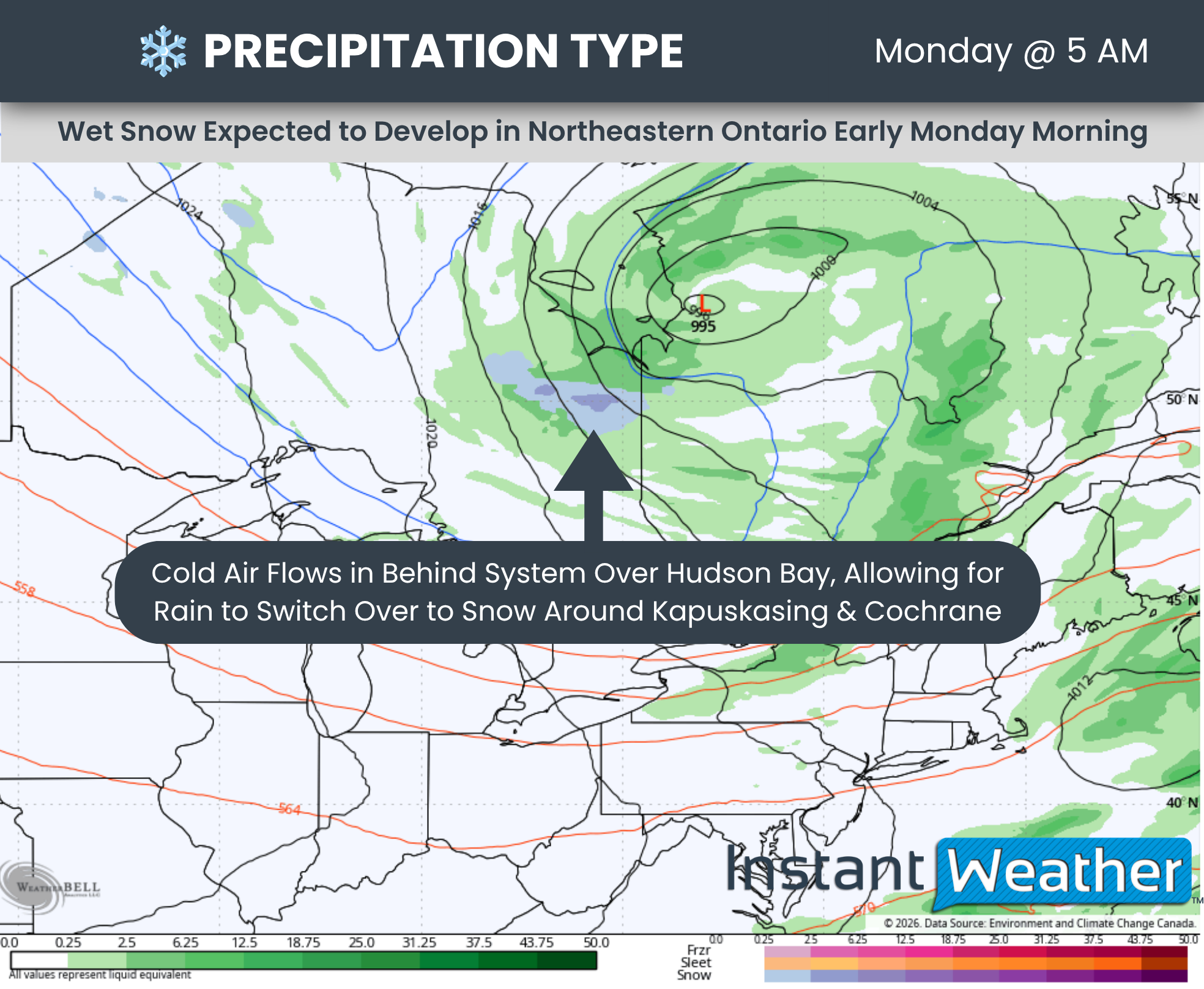 Precipitation forecast for 5 a.m. Monday, October 5, showing rain changing to wet snow near Kapuskasing and Cochrane as colder air moves into Northeastern Ontario.