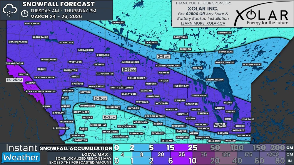 Original 2026-03-23 forecast map: Snowfall across Alberta, Saskatchewan & Manitoba.