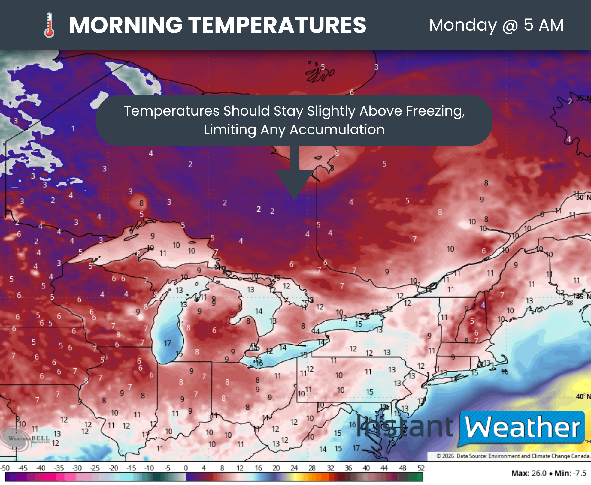 Temperature forecast for 5 a.m. Monday, October 5, showing readings near 1°C to 2°C in parts of Northeastern Ontario, limiting wet snow accumulation.